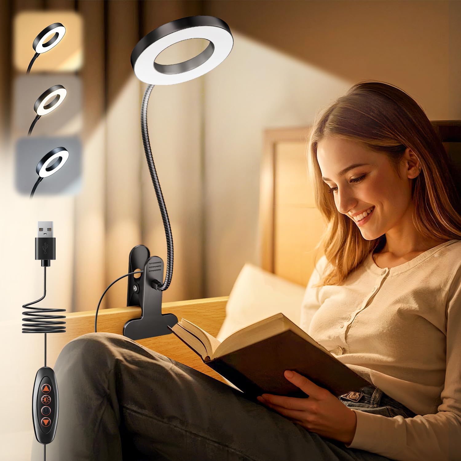 Clip on Light Reading Light, USB Desk Lamp, 50LED Reading Lamp, 3 Colors Book Light 10 Brightness Clip on Lamp,Flexible Desk Lamp USB Reading Light for Books in Bed Bedside Lamps
