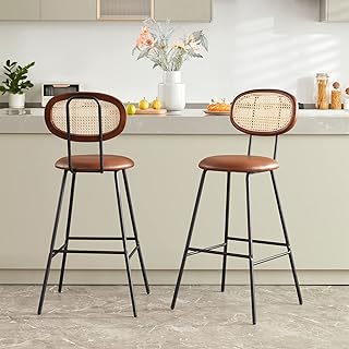 Farini Bar Stools High Chair Bar Stools Set of 2, Modern Industrial Faux Leather Dining Chairs - Tall Mid Century Bar Stools with Back Rattan Counter Stool Chairs, Brown