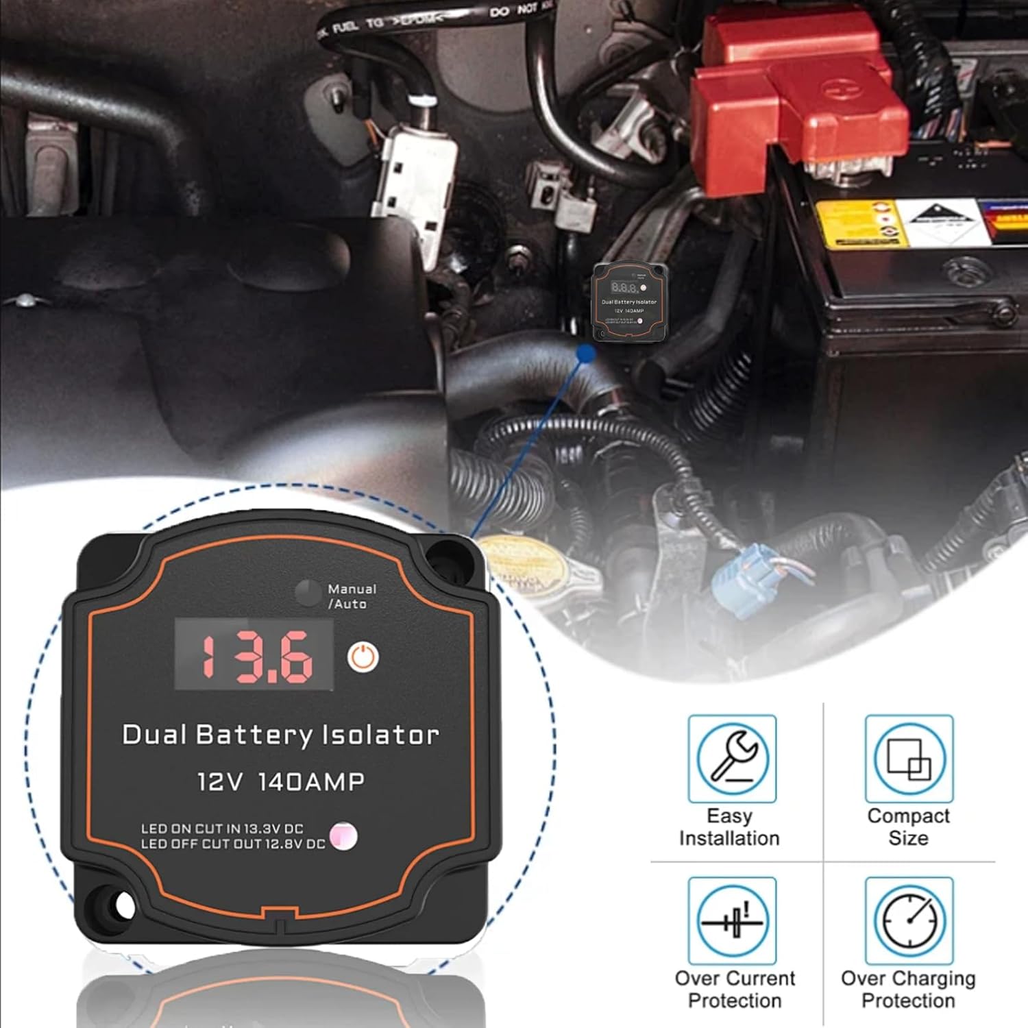 Dual Battery Isolator 140Amp Battery Isolator 12v Split Charge Relay Manual/Auto Modes VSR Voltage Sensitive Relay with LCD Screen Voltage Display for Truck RV ATV UTV SUV Boat