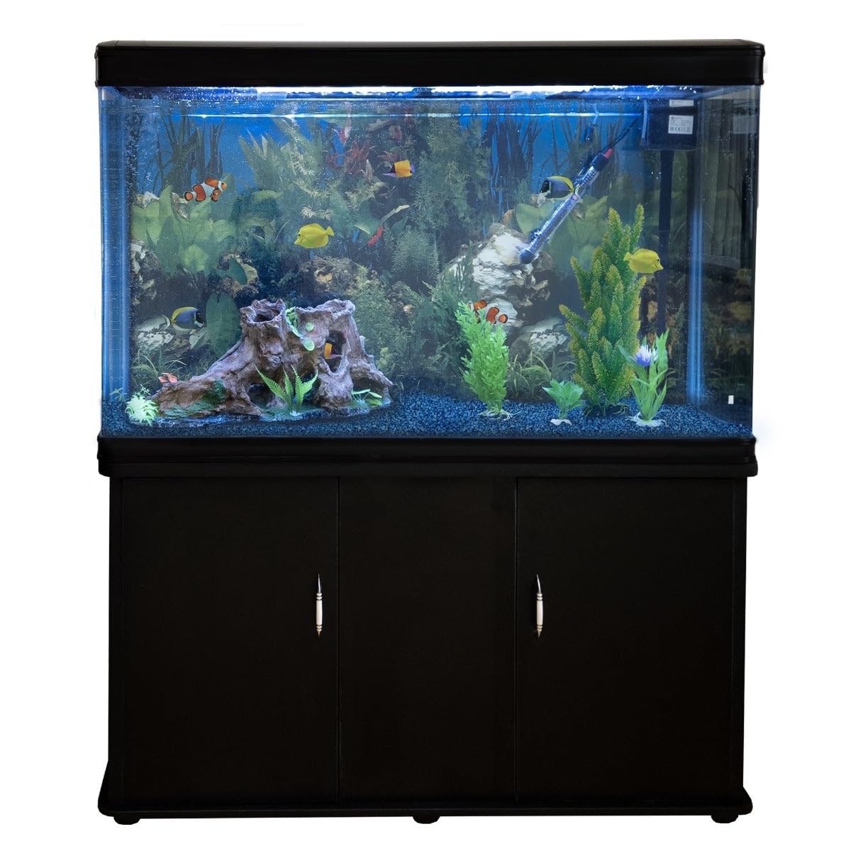 Pecera Acuario 300 litros para Peces de Agua Dulce,Tropicales+Marinos con Mueble Negro,Grava Azul, Calentador 300W Ajustable,Filtro,Bomba Aire,Zona Observación 180º +Luz LED, 2 Años Garantía Eléctrica