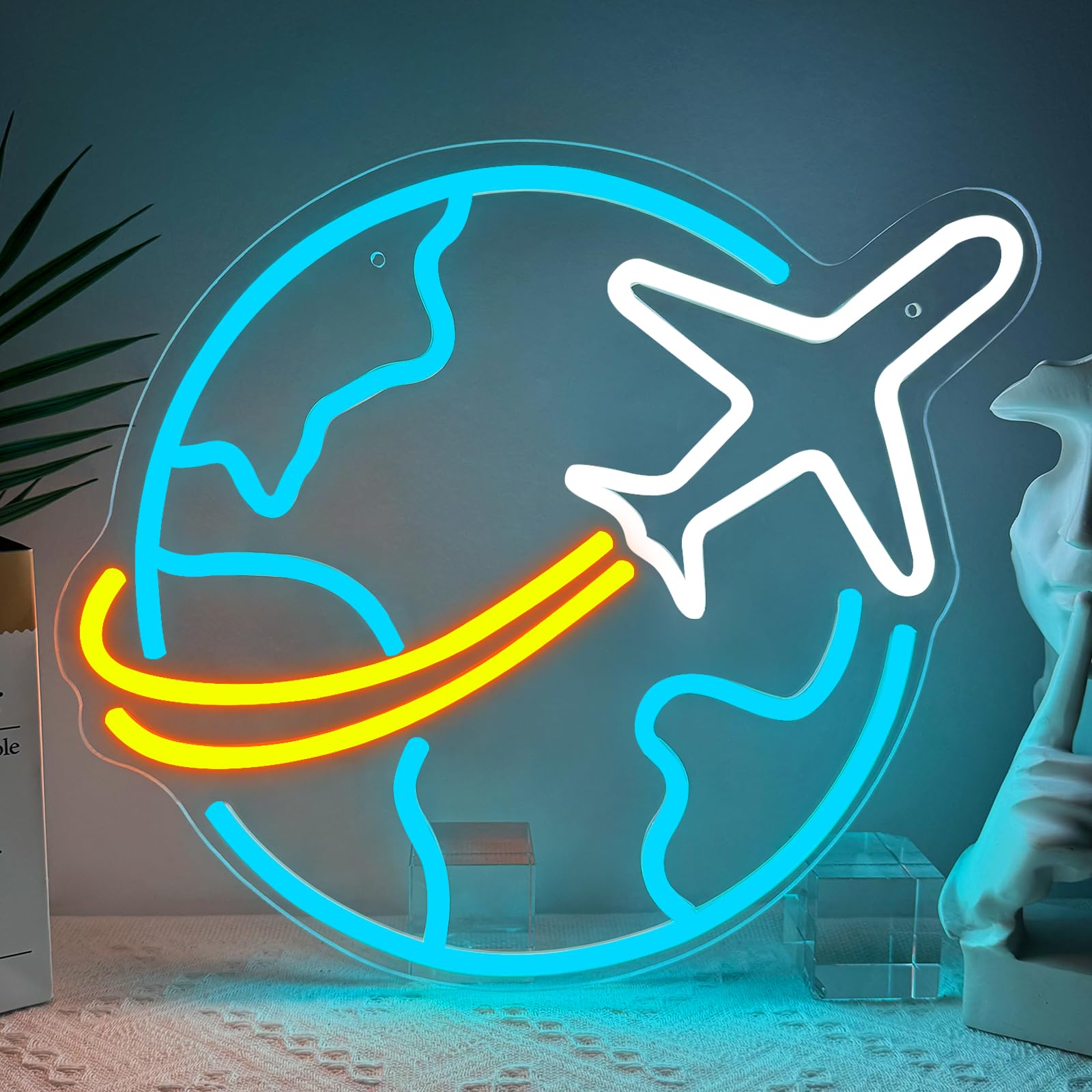 Segno al Neon Terra Aeroplano Mondo LED per Decorazione a Parete Luci al Neon Blu Ghiaccio USB Regolabili per Camera da Letto Camera Adolescente Uomo Grotta Chiesa Festa di Natale Decorazione Natale