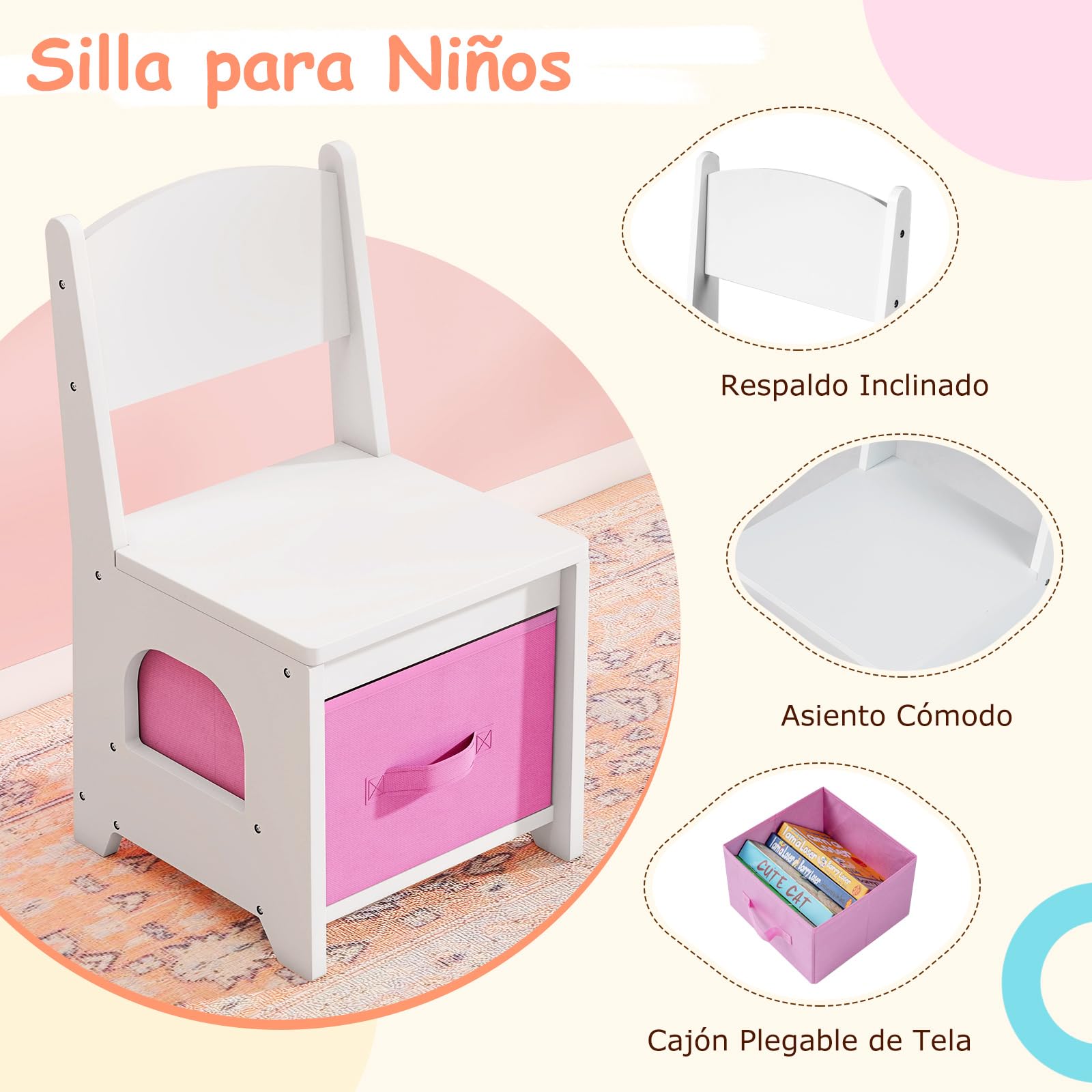 Costway Tocador de Maquillaje Niña con Espejo y Luces 3 Colores, 5 Cajones, Mesa de Maquillaje para Niñas 3+ Años