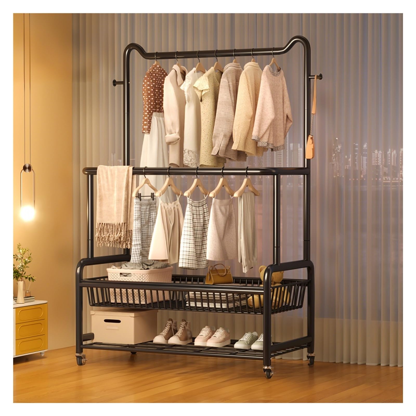 Lshtshf-ou Double Rods Heavy Duty Clothes Rack Clothing Racks With Wheels Metal Freestanding Garment Portable Wardrobe Closet(Black,80cm/31.5in)