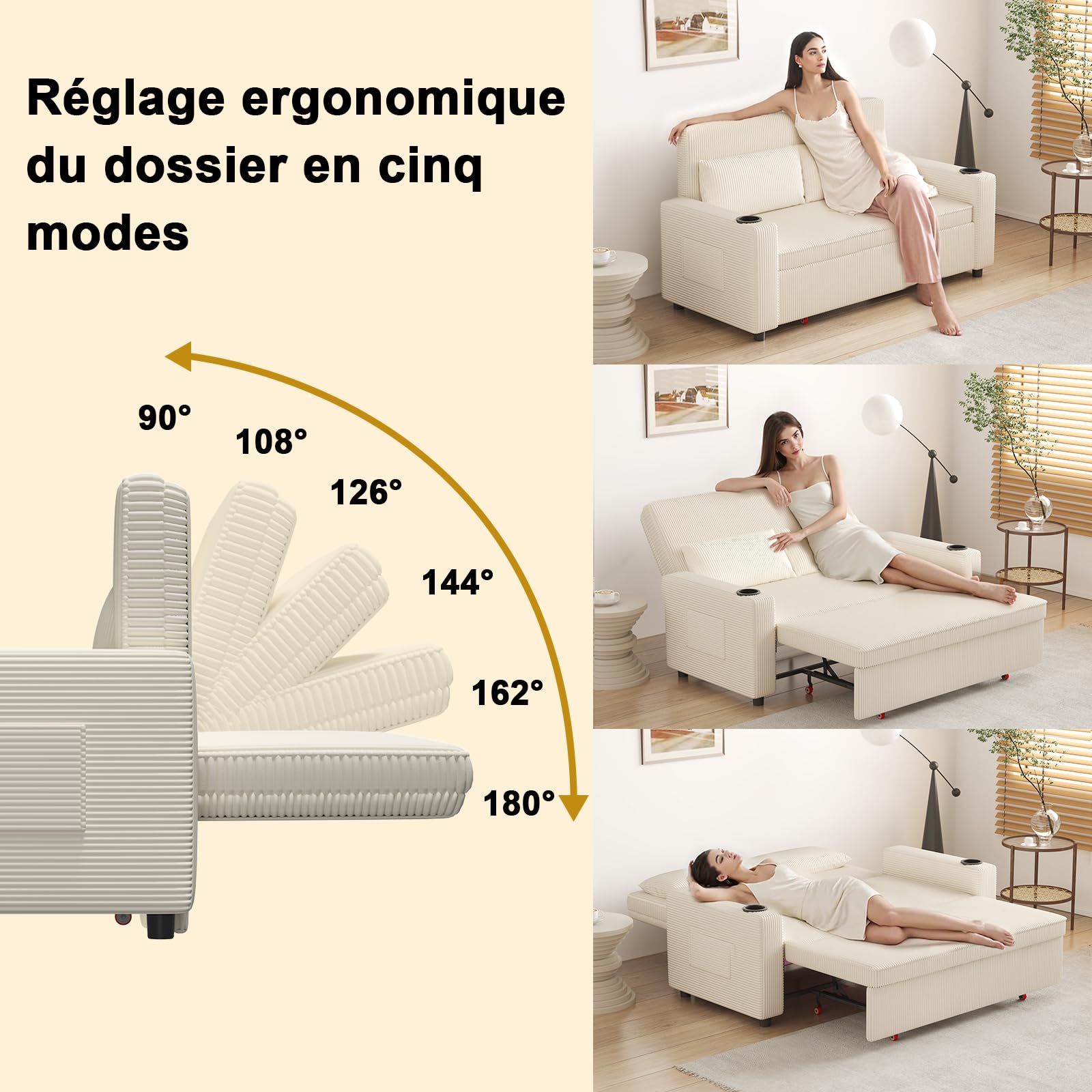 Devoko Petit Canapé Convertible 2 Places Canape avec Dossier réglable Canapé lit en Velours Causeuse de Salon Moderne, canapé déployé 160×190 cm, Beige