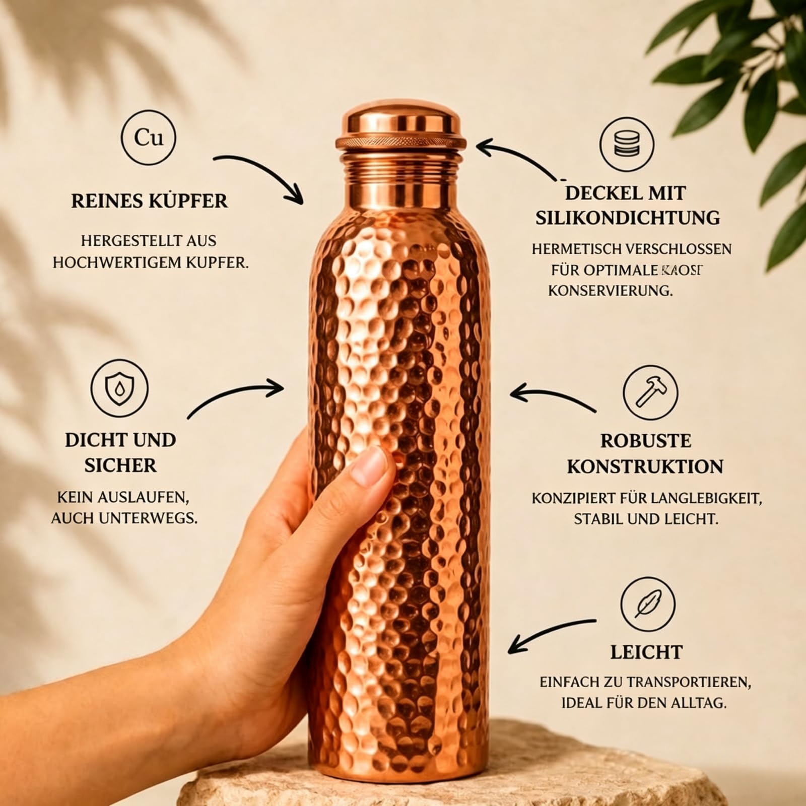 MEIION Alma Pure Kupferflasche,Handgefertigt,Antimikrobiell | 99,99% Reine Gehammerte Kupfer Wasserflasche 800 ml,Auslaufsicheres Nahtloses Design,Keine Innenbeschichtung