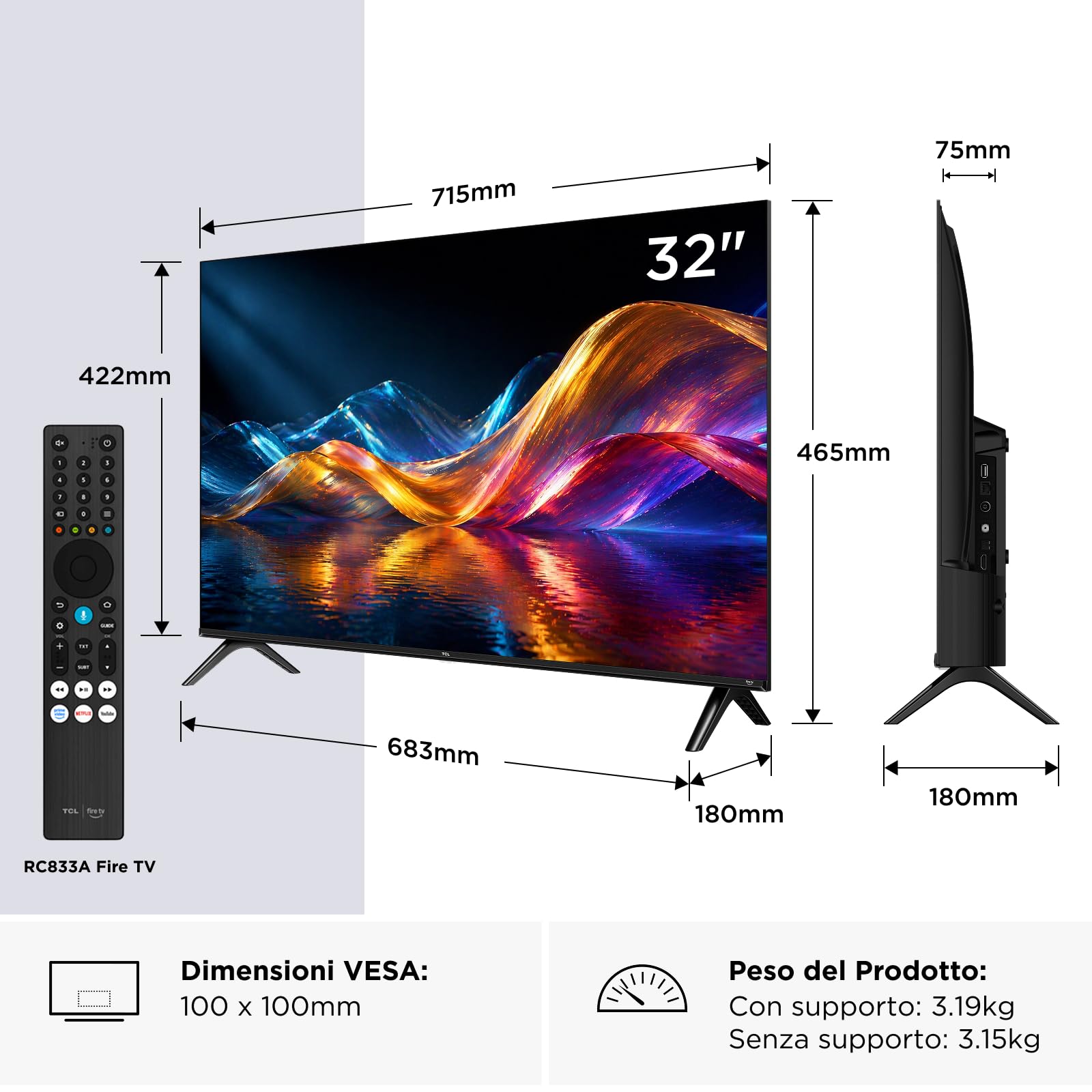 TCL 32V5D – Smart TV QLED Full HD HDR da 32" con Fire TV | Direct LED, Apple AirPlay 2, Press & Ask Alexa, Metallic Bezel-Less Design