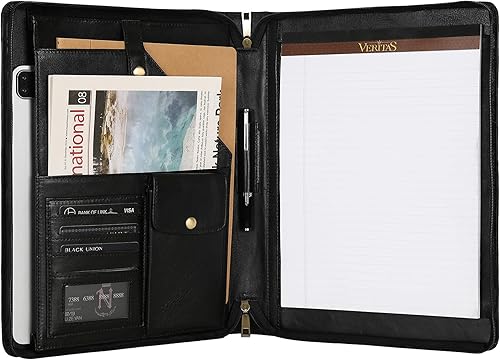 Portafolio de cuero, organizador de cartera de negocios con cremallera para hombres, cartera personalizada con bloc legal y múltiples compartimentos