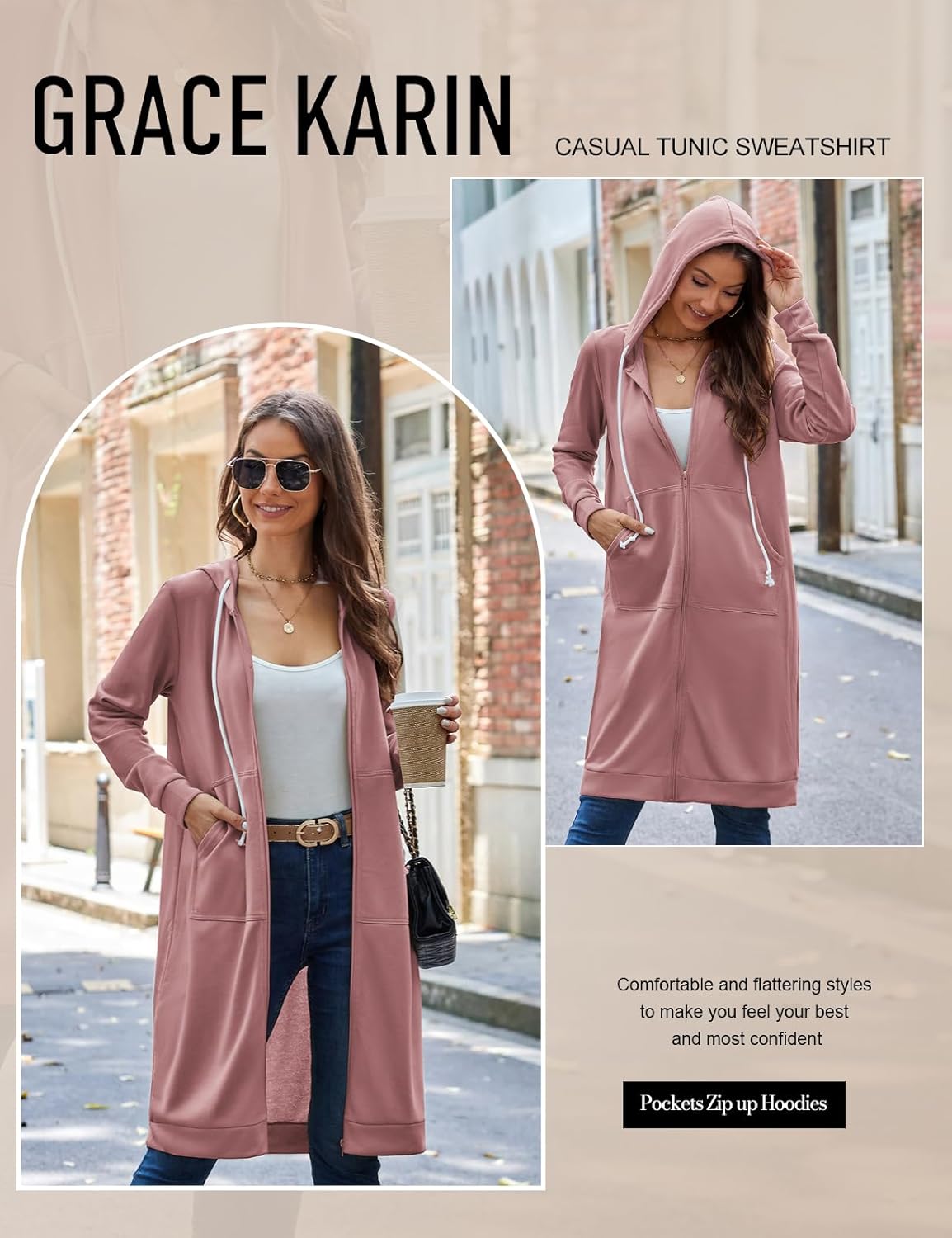 GRACE KARIN Women's Casual Pockets Zip up Hoodies Tunic Sweatshirt Long Hoodie Jacket