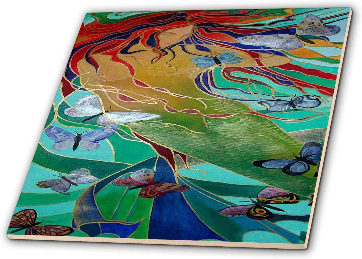 3dRose ct_46759_7 Mermaid and Butterflies-Elusive, Untamed, Art Nouveau, Femininity, Mythology, Butterflies, Mermaid-Glass Tile, 8-Inch