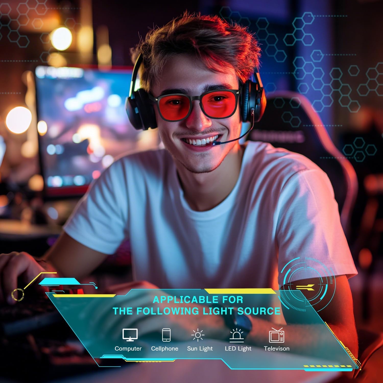 Red Lens Glasses Blue Light Glasses Men Women - 99.9% Blue Green Blocking for Computer, Gaming, TV, Phone Screens - Image 2