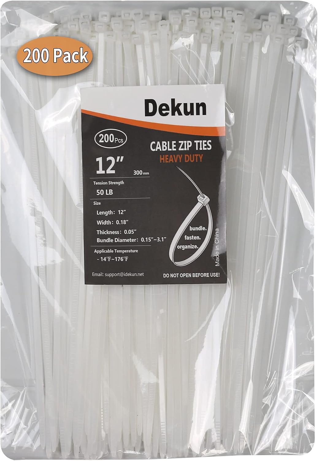 12 Inch Zip Ties White 200 Packs, 12" Plastic Nylon Wire Ties with 50 LB Tension Strength by Dekun (White, 200 Pcs)