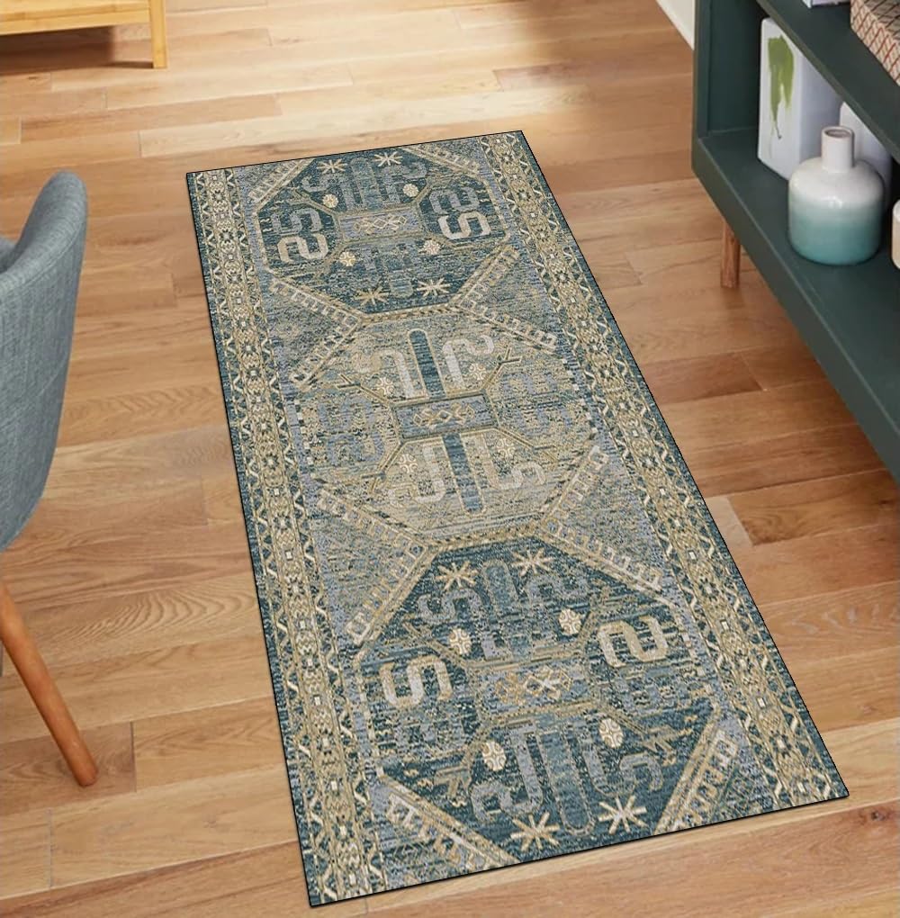 Alfombra antideslizante para pasillo lavable con diseño vintage verde