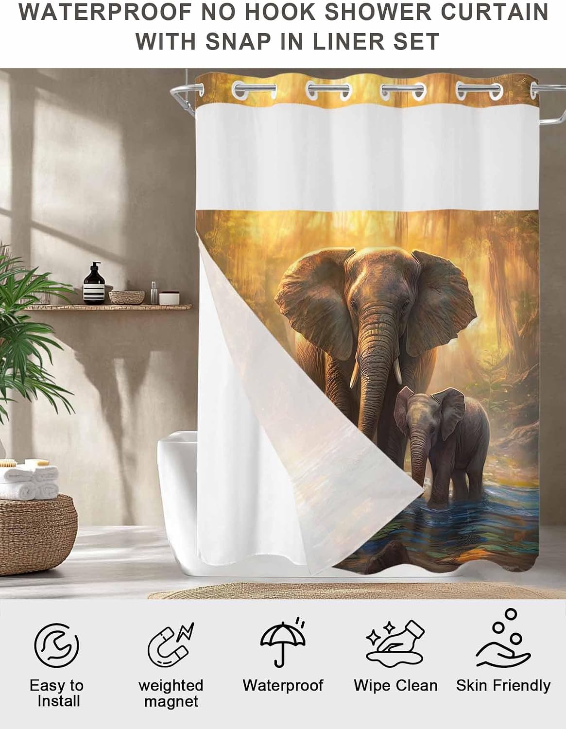 Elephant No Hook Shower Curtain with Snap in Liner, Animal Forest River Yellow Oil Painting Waterproof Shower Curtain for Bathroom with Top Sheer Window, 48x72 Inch