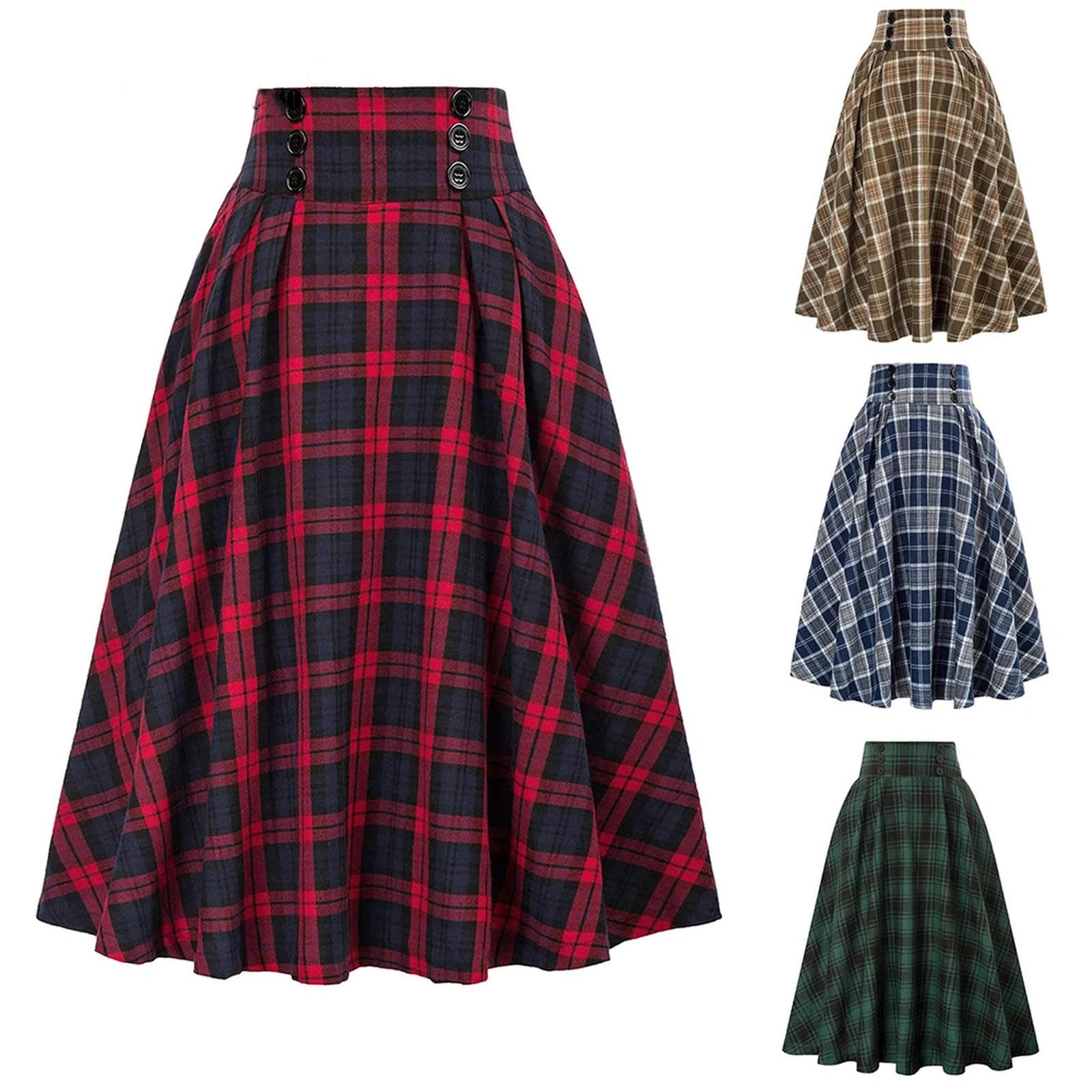 Mdybf Spódnice damskie w stylu vintage, plisowana, spódnica zimowa w kratkę