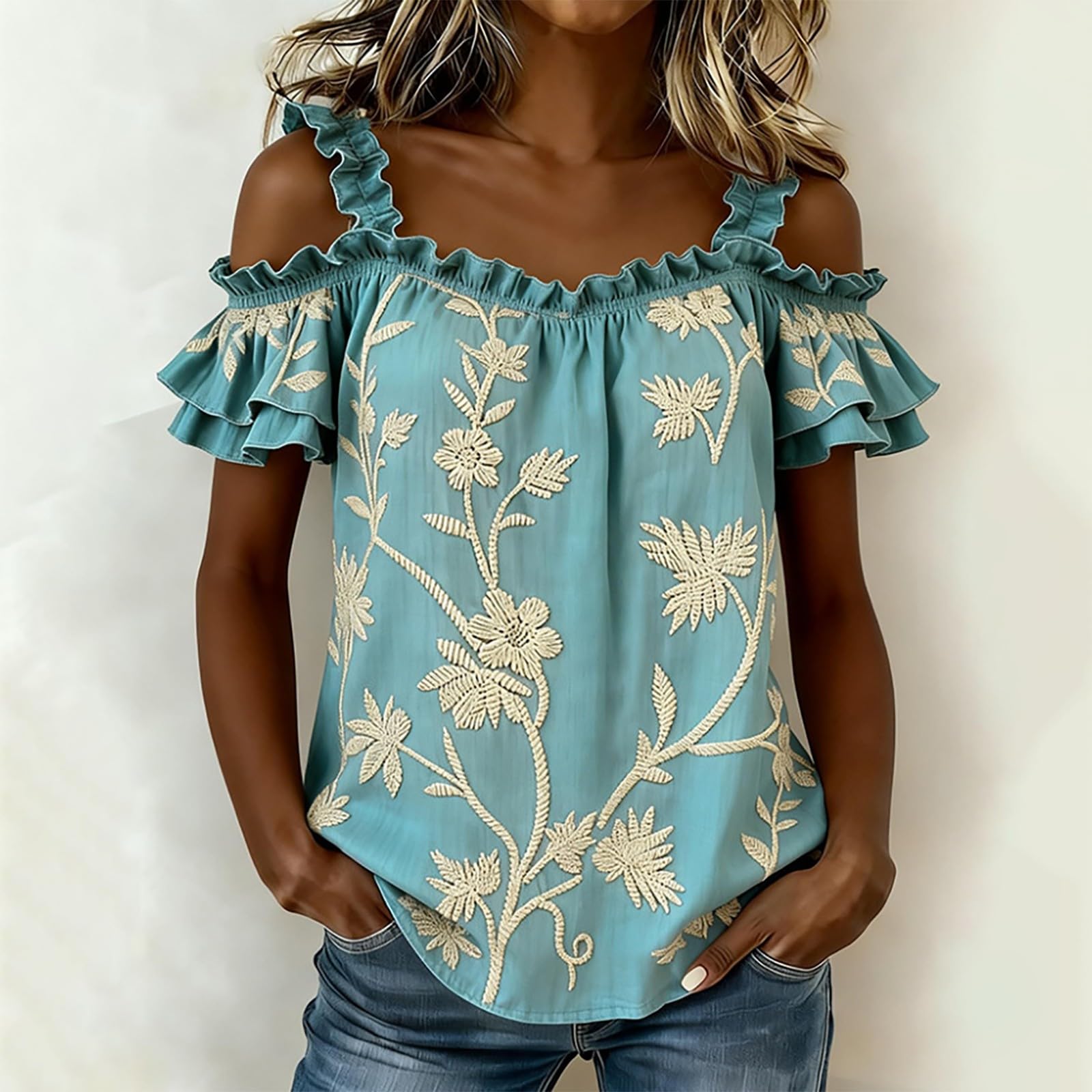 Top da donna con spalle scoperte, maniche corte, ricamato, largo