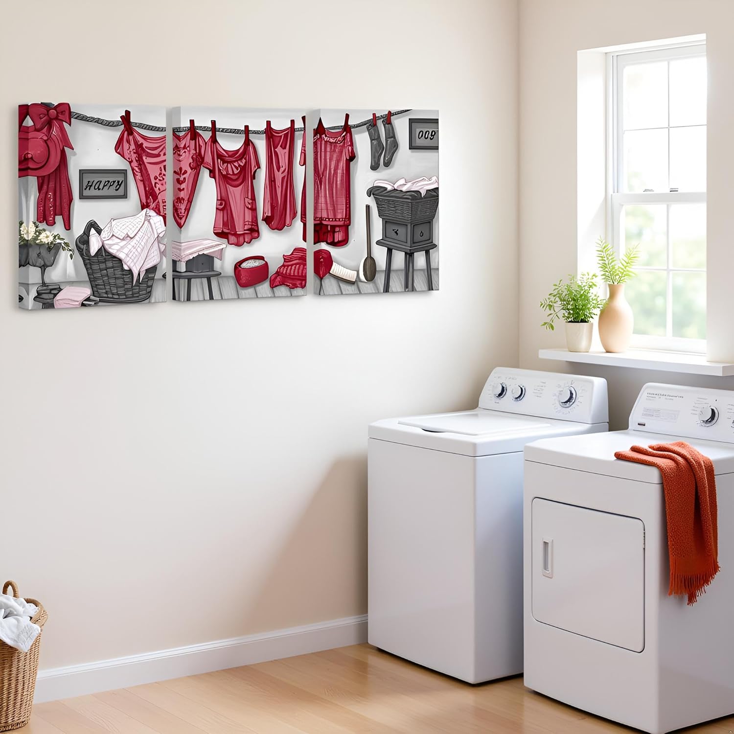 FuShvre Red Laundry Room Decor Burgundy Red Pictures Wall Art for Home Hotel Farmhouse Laundry Room Wall Decor Framed 12"x16"x3pcs