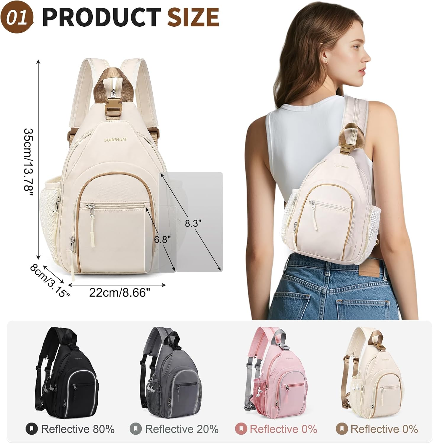 Crossbody Sling Bag with Water Bottle Holder, 8.3" Convertible Small Backpack Anti Theft Daypack, Chest Fanny Pack for Men Women, Beige - Image 3