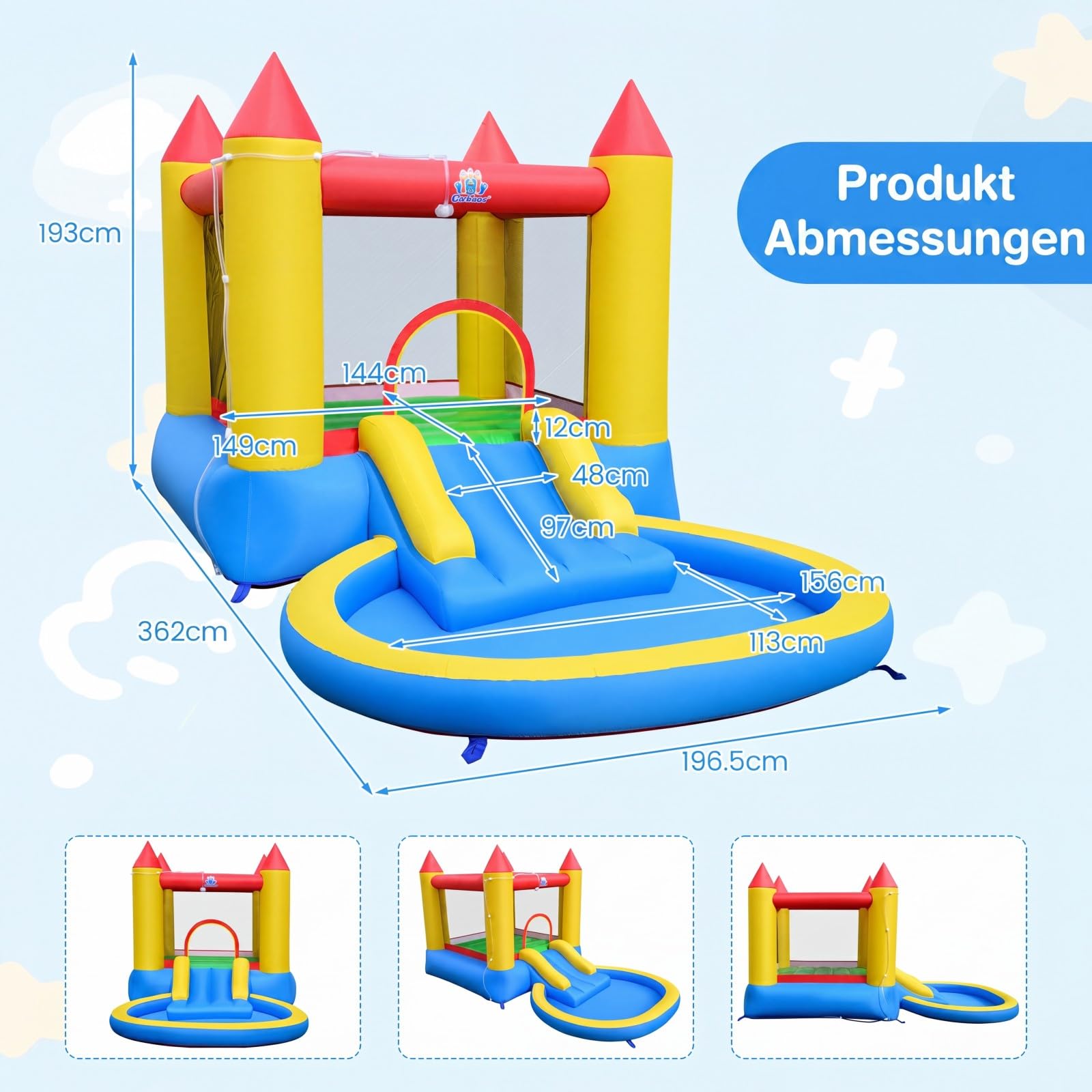 COSTWAY Hüpfburg mit Rutsche, Sprungbereich & Planschbecken, Bouncy Castle für Kinder, Innen- und Außenbereich, 362 x 196,5 x 193 cm