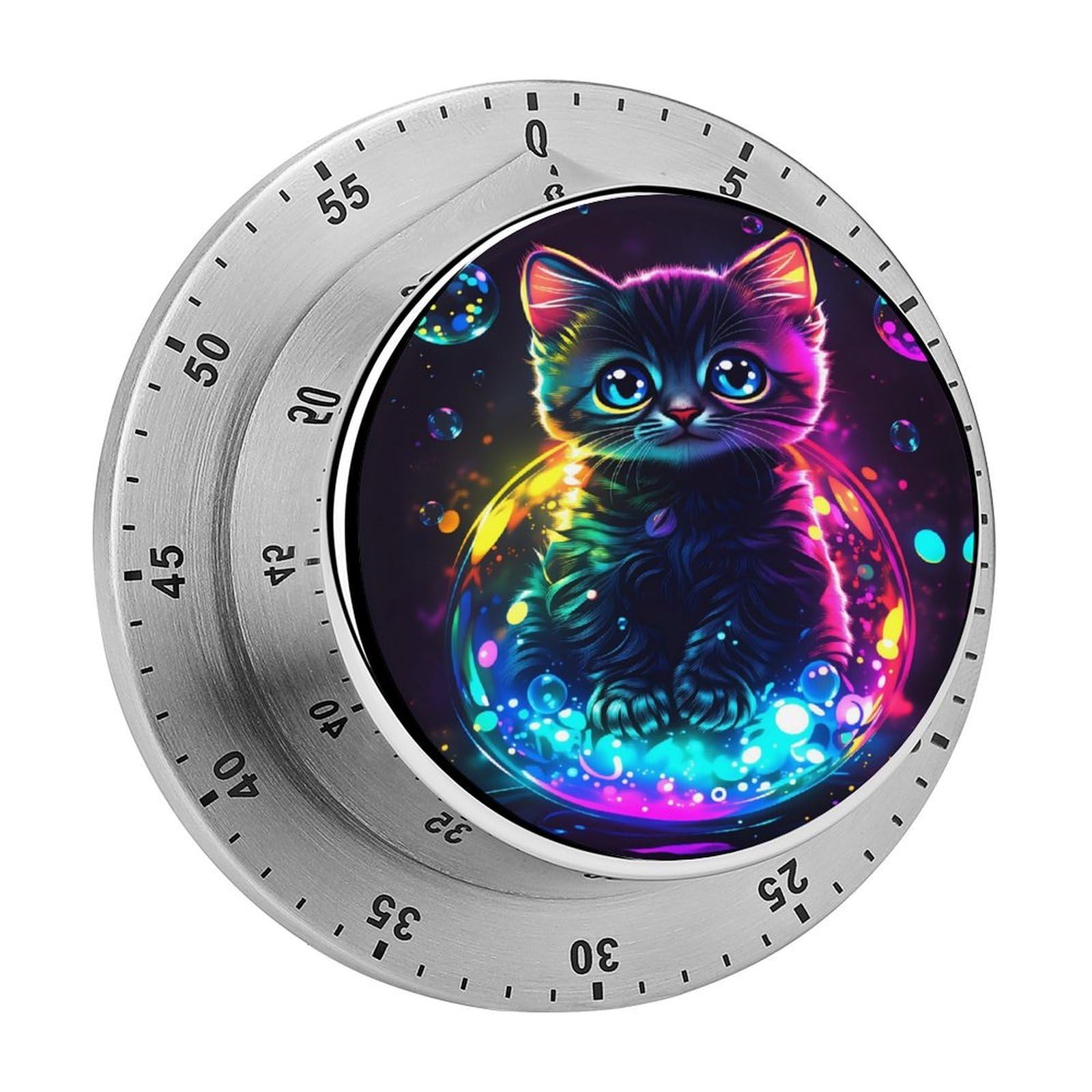 Neon Cat in Bubble 60 Minute Wind Up Timer,Visual Mechanical Magnetic Timer with Loud Alarm for Kitchen
