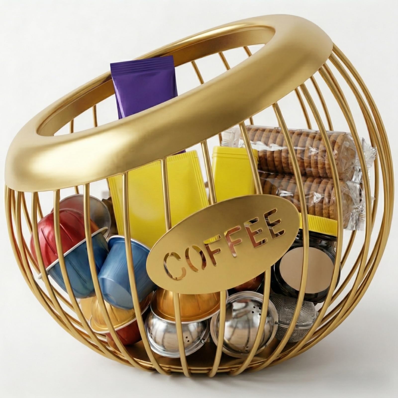 Koimiao Gold Coffee Pod Holder, Large Capacity K Cup Holder And Espresso Pod Holder, Metal Coffee Capsule Storage Basket, Metal Coffee Pods Storage, Coffee Bar Accessories And Decor (Gold)