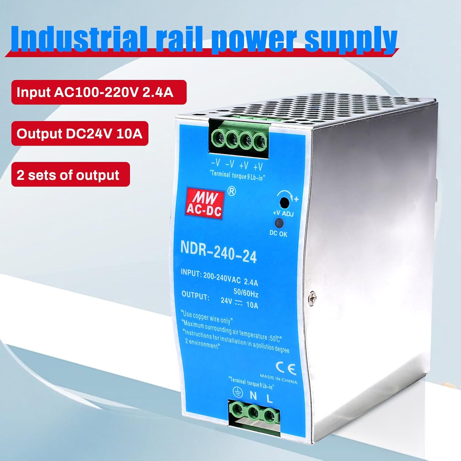 Jadeshay NDR-240-24 240W 24V 10A DIN Rail Power Supply - Industrial Switching Power Supply AC 100-240V to DC 24V for Automation, Control Box, PLC (240, Watts)