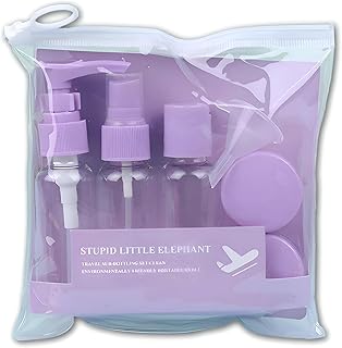 زجاجات قابلة لاعادة الملء - مجموعة سفر مكونة من 5 قطع مع حاويات مستحضرات تجميل صغيرة ومضخات رش وشنطة تخزين، مثالية لتنظيم مستلزمات التجميل بالوان متعددة (لون ارجواني)