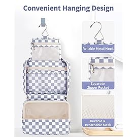 Narwey Small Hanging Travel Toiletry Bag for Women, Travel Bag for Toiletries, Checkered Makeup Bag Organizer Cosmetic Bags Make Up Bags for Girls (Grayish Blue Checkerboard)