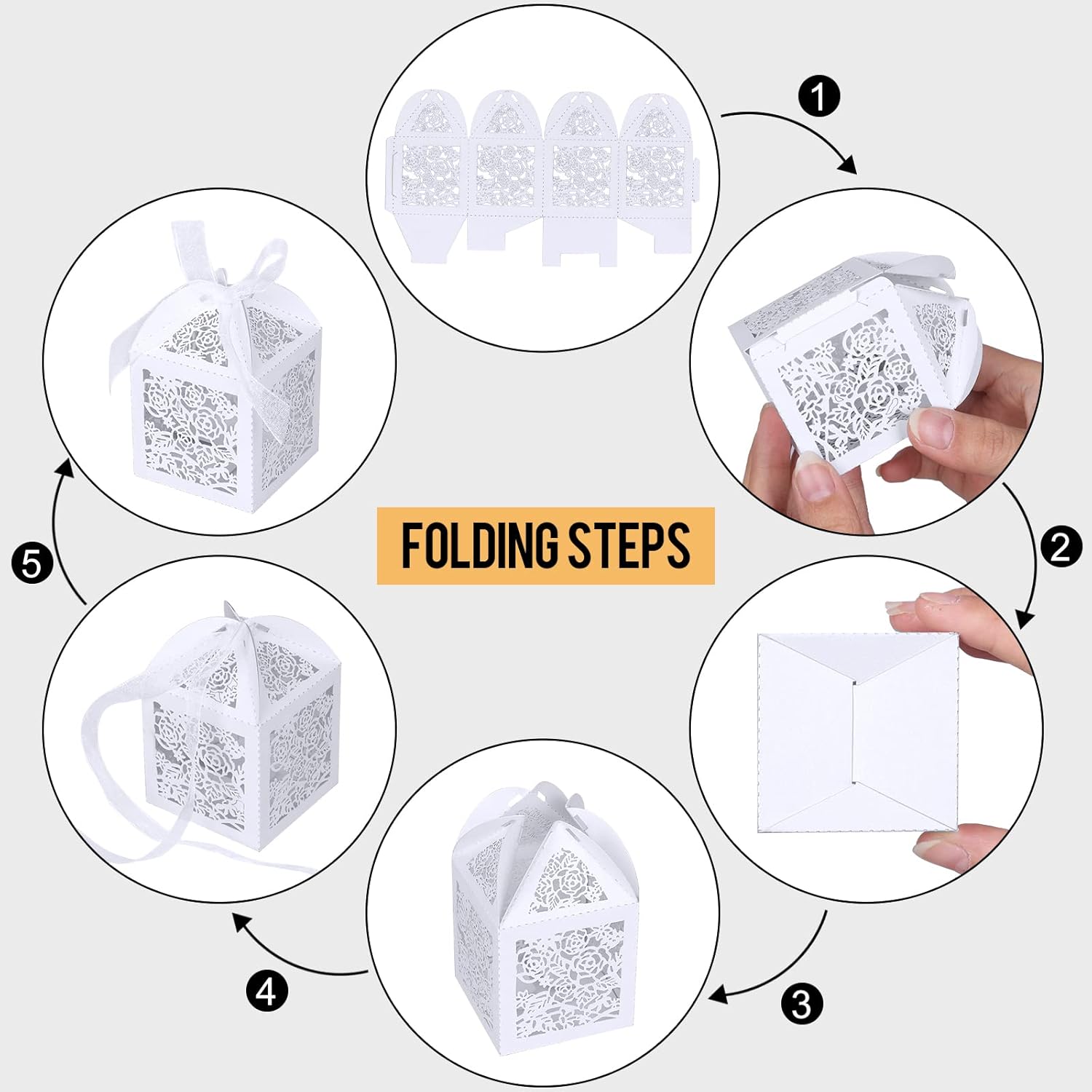 50pcs Laser Cut Favor boxes, Wedding Favors Candy Boxes with Ribbons and Tags, Small Gift Boxes for Wedding,Party,Baby Shower,Bridal Shower (50-2x2x2.76, White) - Image 6