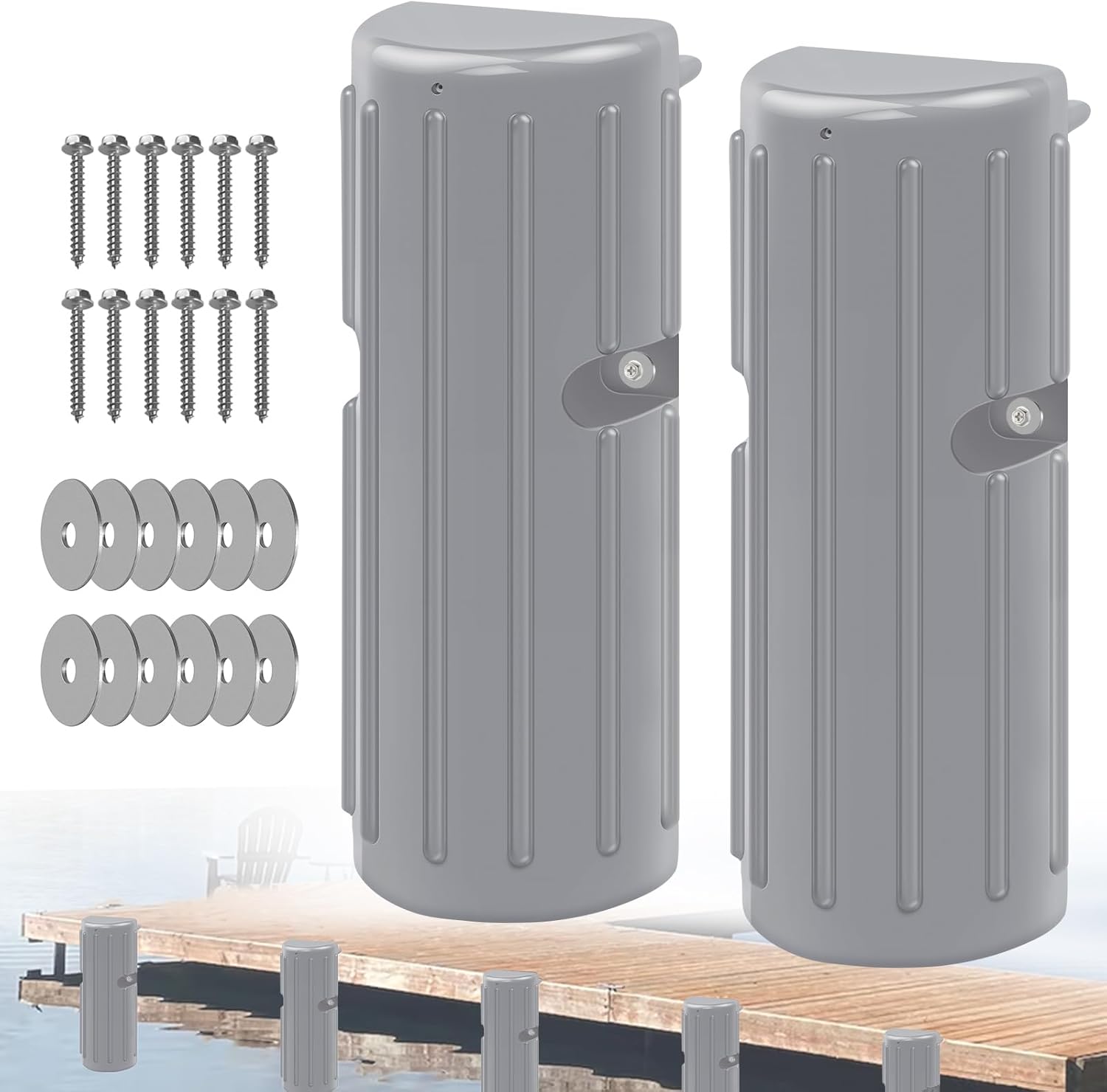 Dock Bumper Fender - Heavy Duty Boat Dock Bumpers for Edge & Side - Marine Fender Guard - Vertical Dock Protection with Stainless Steel Hardware - 2 Pack - Gray
