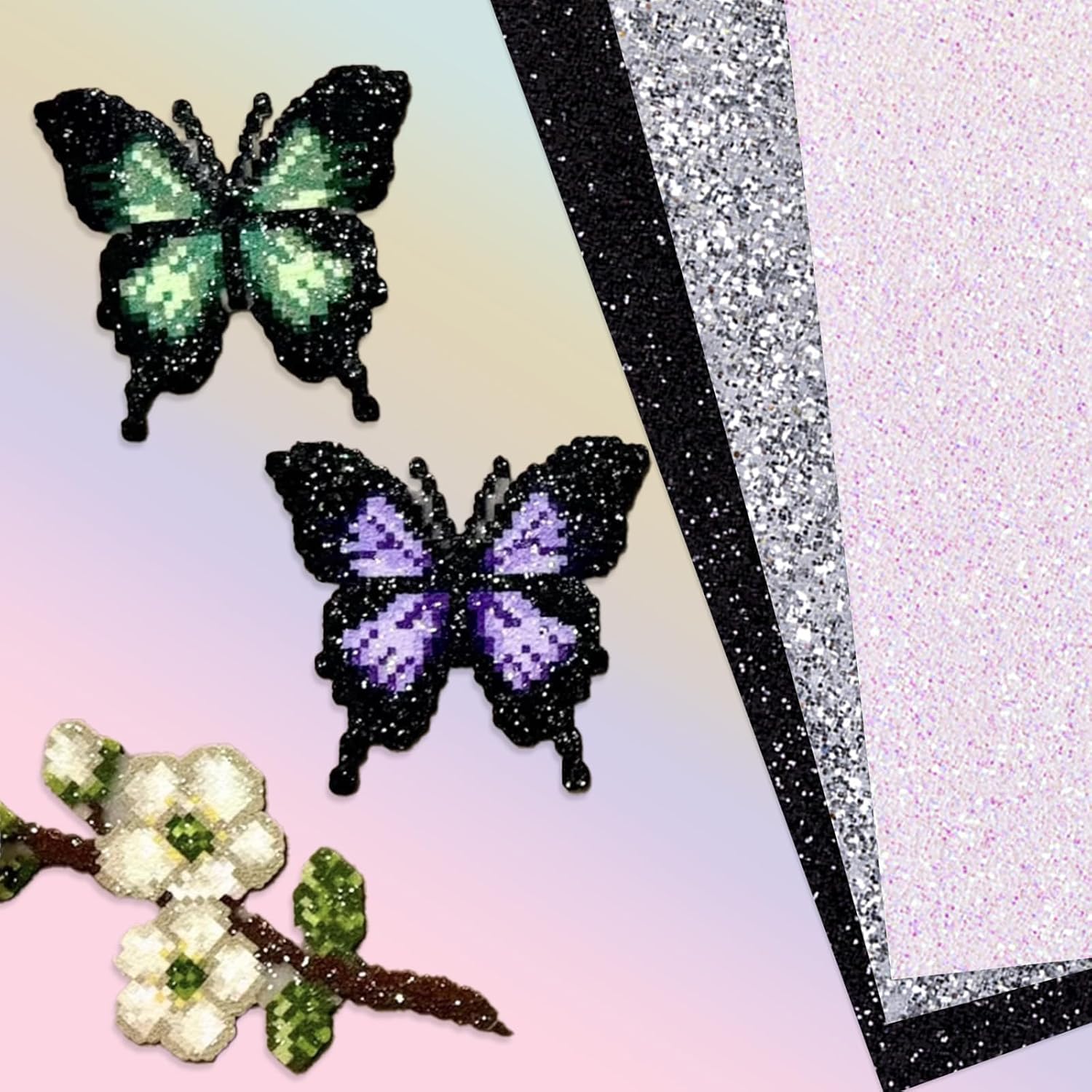 6 Pcs Fuse Beads Glitter Fabric Ironing Paper, 11.81x7.87 Chunky Sparkle Iron Paper with PU Leather, Fits 2.6mm & 5mm Beads, DIY Craft Accessories