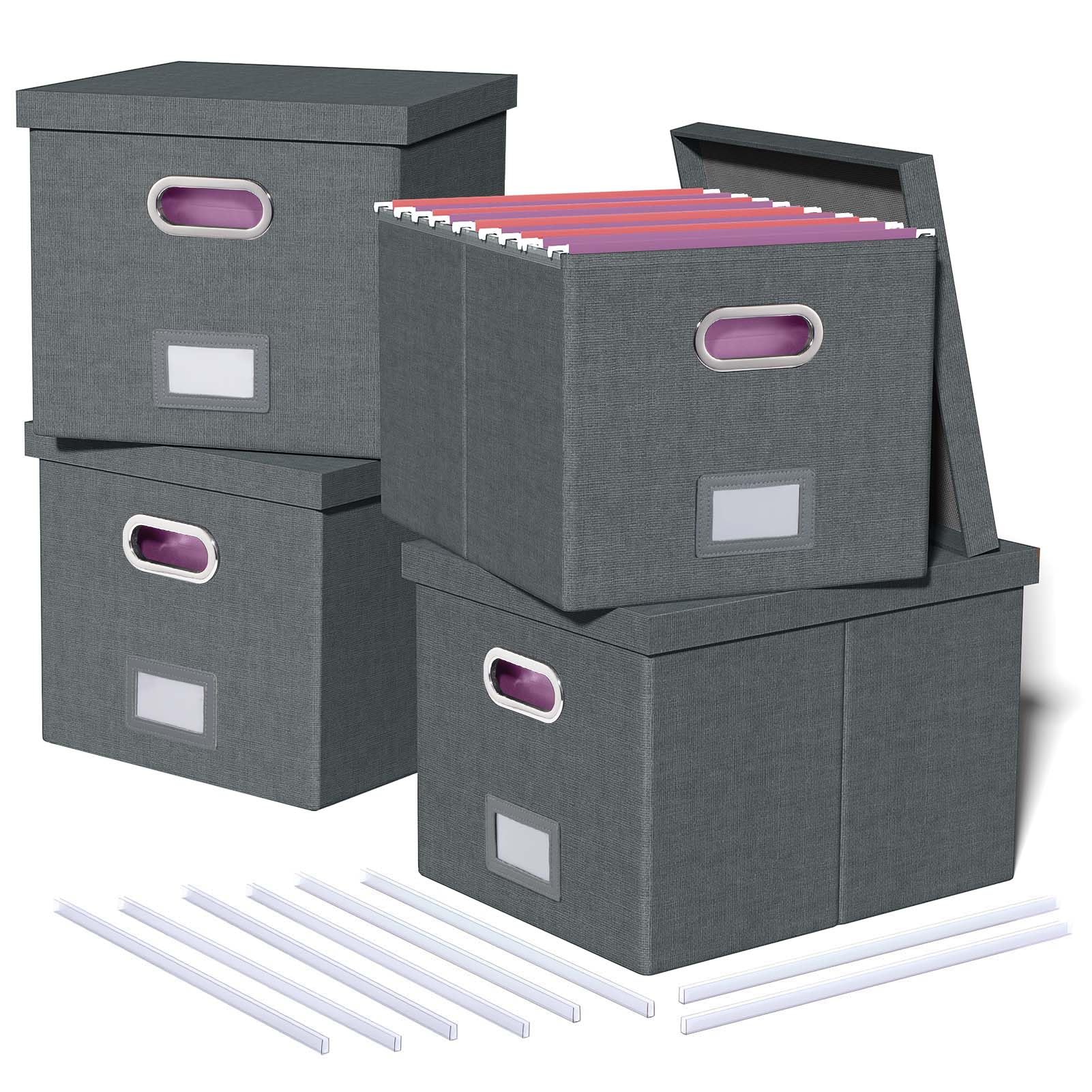 4 Pack File Storage Organizer, Document Organizer, Portable File Box with Lid, Fit for Letter/Legal File Folder Storage,Dark Gray-Box only