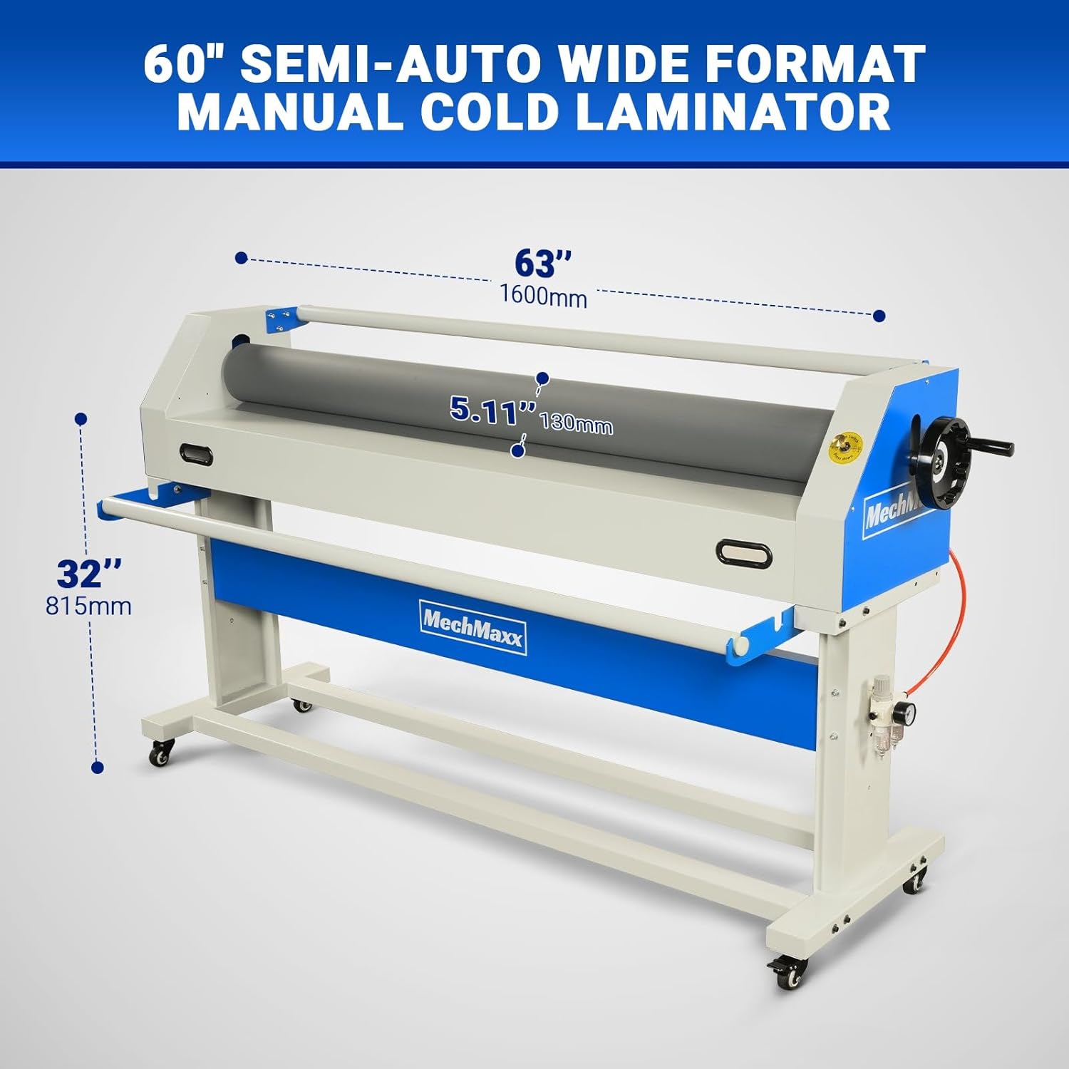 63" Laminator Manual Cold Laminating Machine 60" Max Width, Pneumatic Roller Lift & Wear-Resistant Rubber Roller Portable Stand Included, (Requires Air Compressor, Not Included),1600-C1