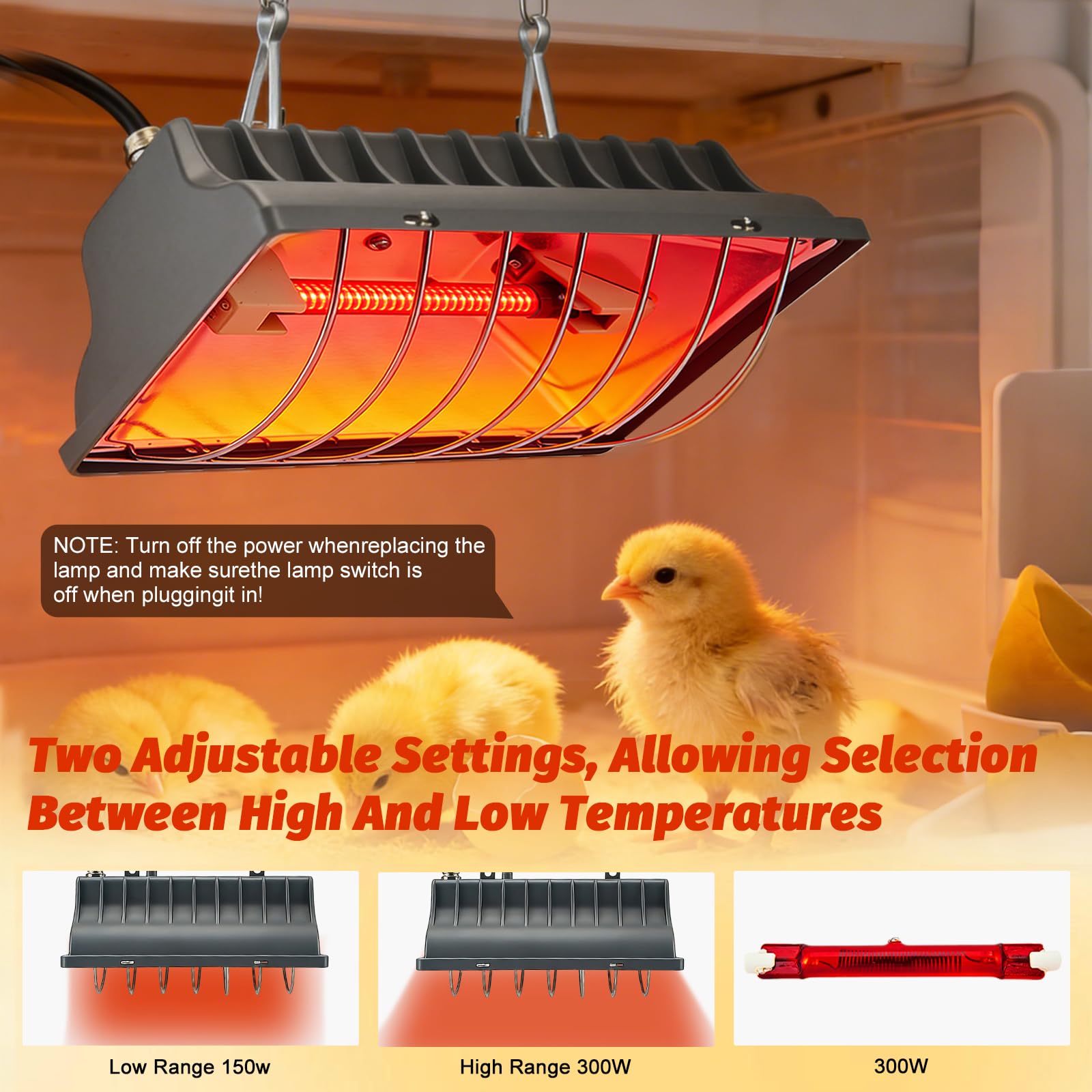 Wärmelampe Hühner, 300W/150W Kohlefaser-Heizlampe Wärmelampe- Hühnerstall, Hühnerstall Heizung mit 1.8 meter Kabel, Wasserdicht Hängende Wärmelampen Tiere für Küken, Ferkel, Hasenstall