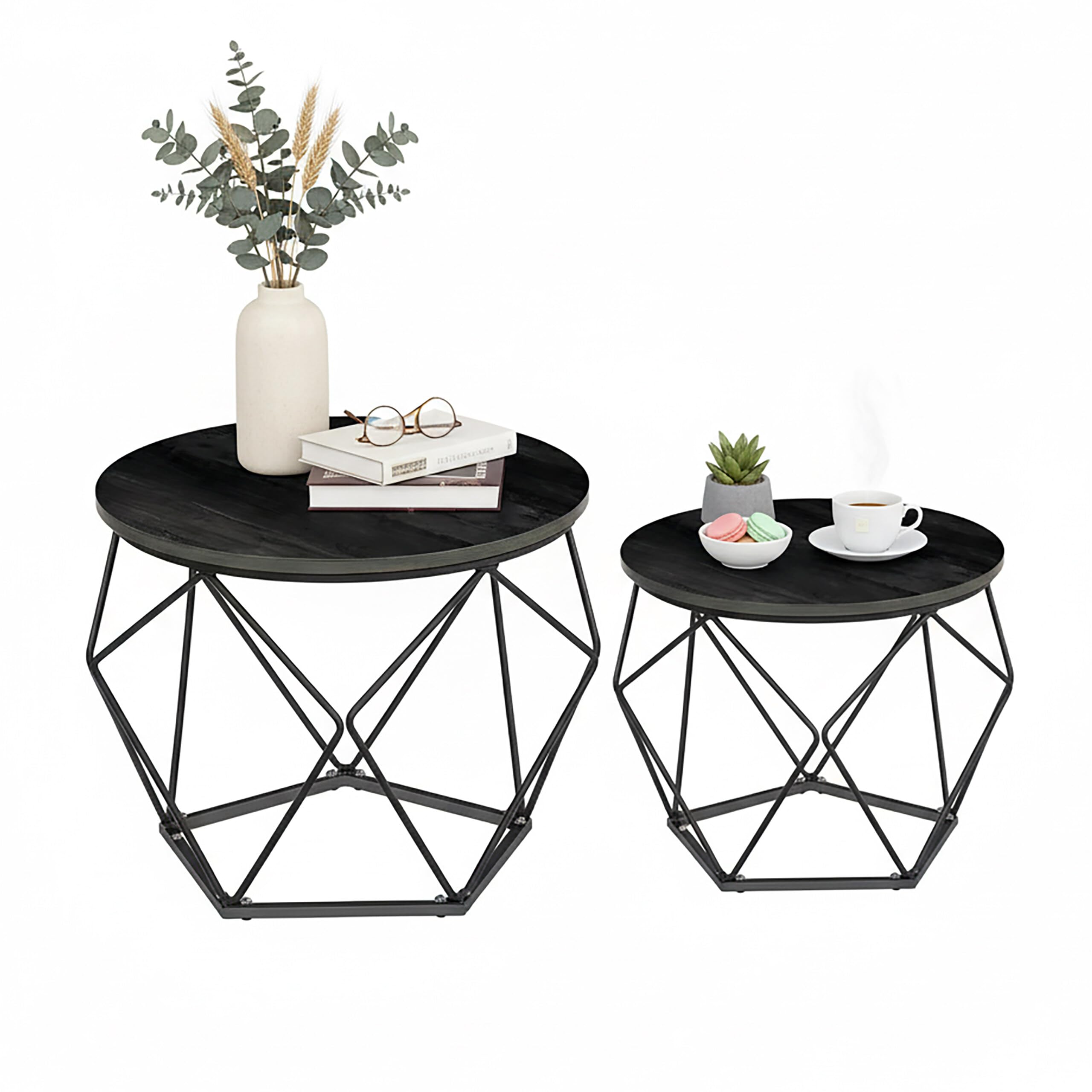 Relaxdays Set de 2 mesas auxiliares Redondas de Madera y Metal, Estilo Vintage, 50x40x40 cm, Negro