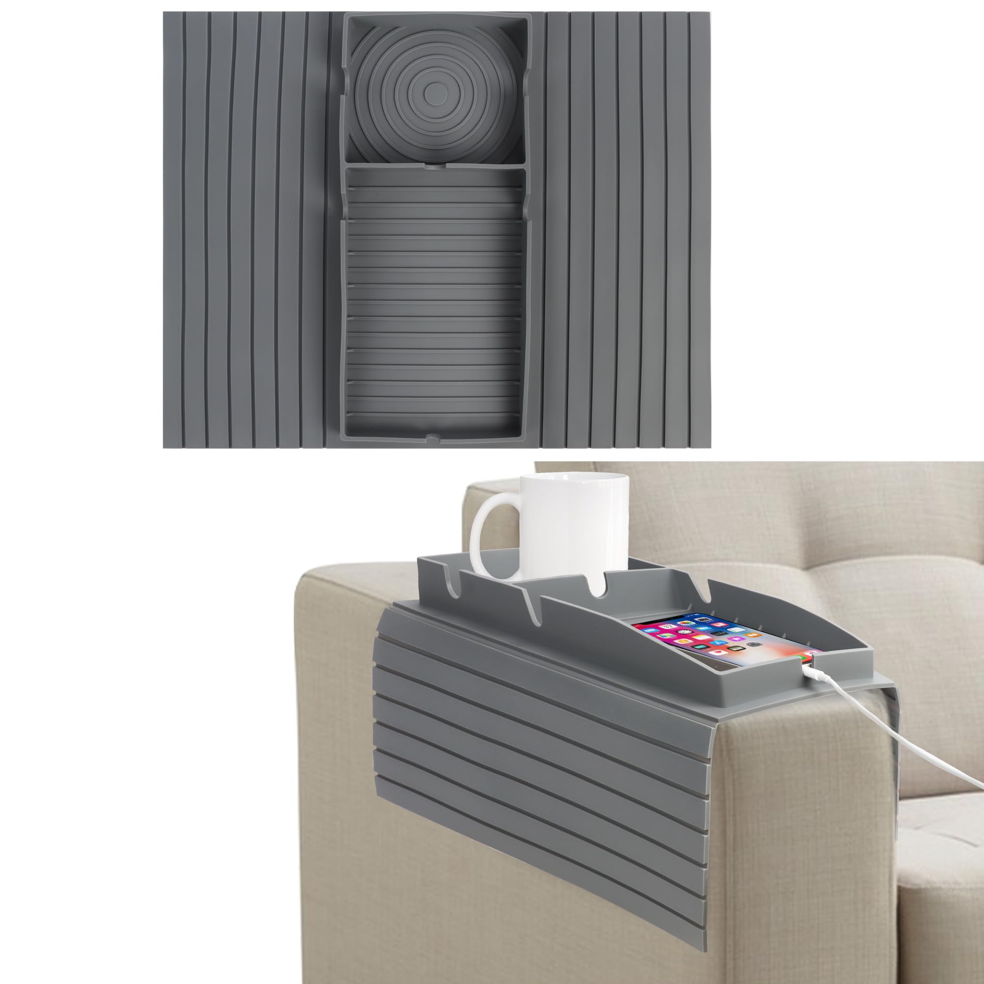 NiCola Sofa Armrest Tray Table Grey Sofa Armrest Tray Organizer, 2PCS Silicone Couch Arm Rest Cup Holder for TV Remote Control, Coffee, Snacks, Glasses, Phone Organisation Storage (2pcs Grey)