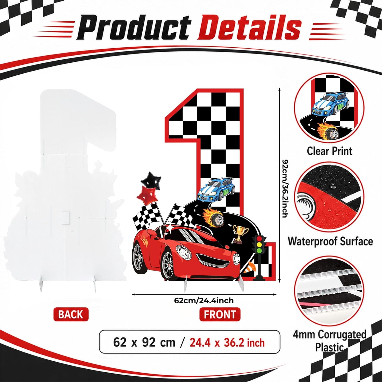 Fast One Birthday Decorations, 36 Inch Race Car 1st Birthday Cardboard Cutout with Stand, Large Number 1 Racing Party Decoration, Checkered Flag Photo Booth Prop, Race Car Birthday Backdrop