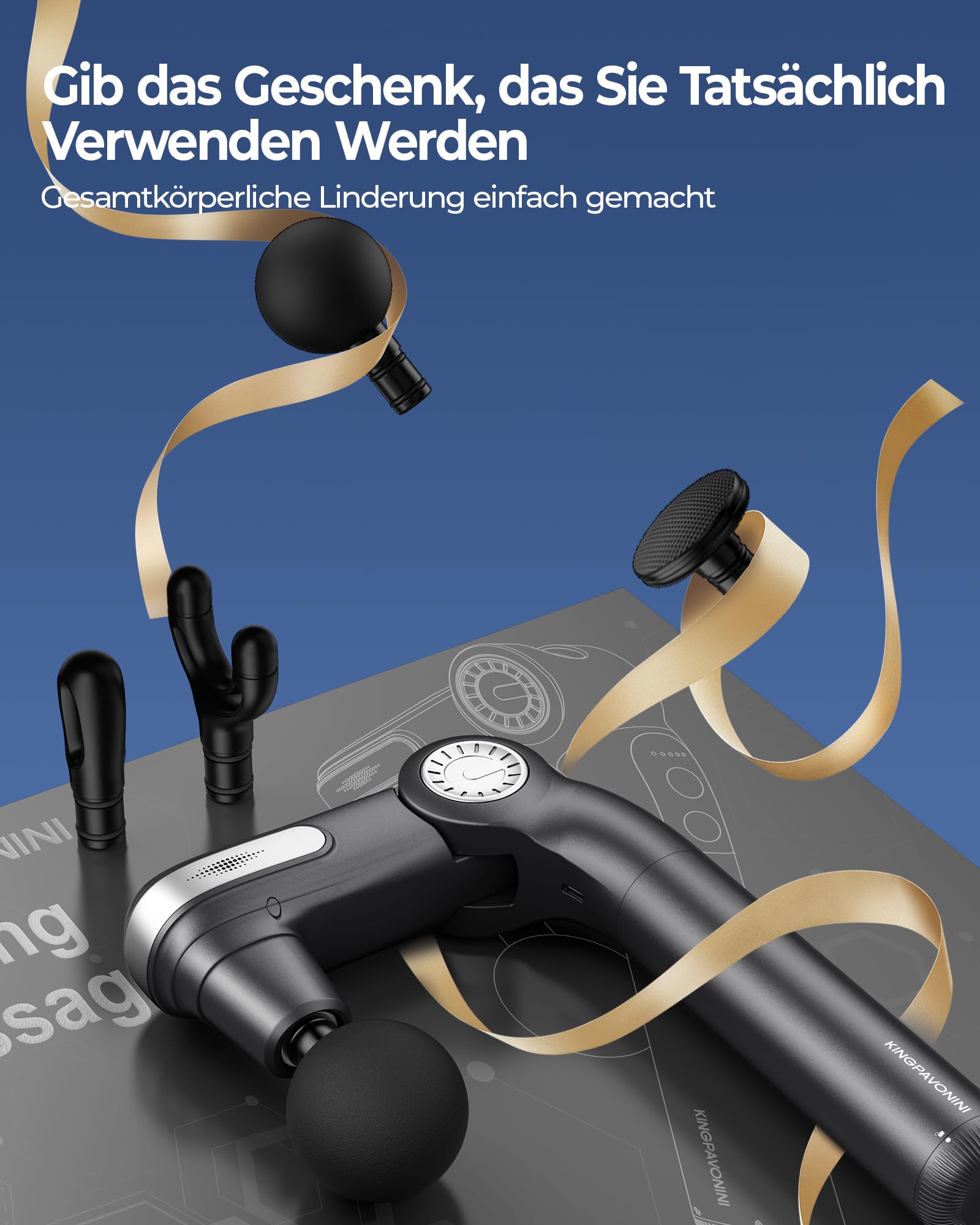KingPavonini Massagepistole mit Ausziehbarem Griff & Klappbarem Kopf, Massage Gun Massagegerät Rücken mit 3 Verstellbaren Winkeln & 4 Massageköpfen, Massage Pistole Geschenk für Männer und Frauen