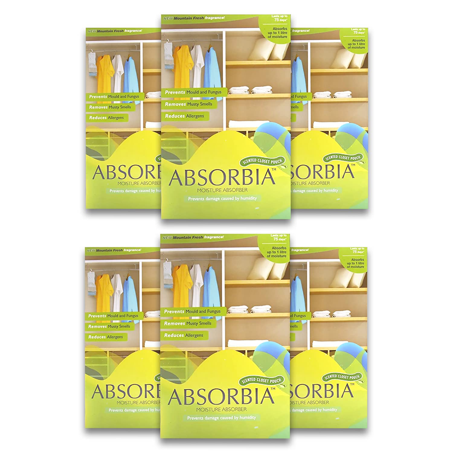 Absorbia Moisture Absorber Mountain Fresh Hanging Pouch | Pack of 6 (1000ml each) Moisture Absorber for Wardrobe | Dehumidifier for Room Moisture | Air Freshener for Room, Toilet | Moisture Absorbers