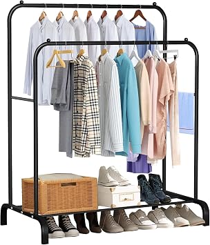 Holdfiturn Clothes Rail Metal Double Pole Clothing Rail for Bedroom 144 * 110 * 55cm Hanging Rails Heavy Duty Clothes Rack Coat Rack with Hooks and Shoe Storage Shelf Black