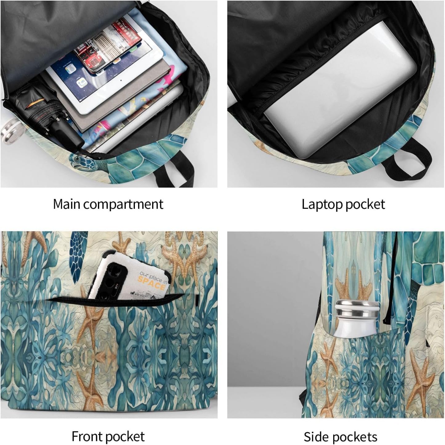 cfpolar 17 Inch Backpack Vintage Sea Turtle Starfish Laptop Bag Shoulder Bag School Bookbag Casual Daypack For Boys Girls