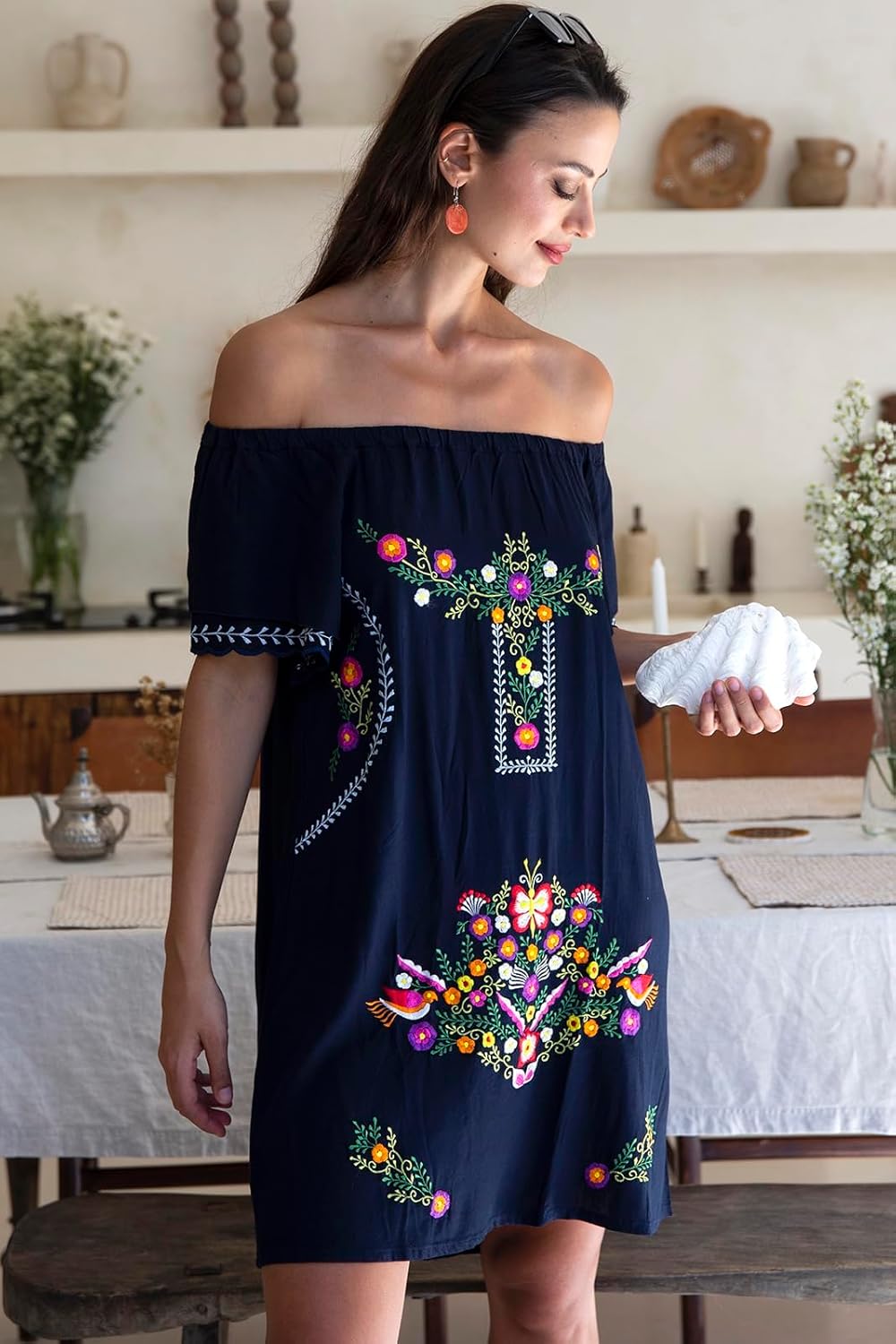 Back From Bali Womens Short Dress Off Shoulder Embroidery Tunic Mexican Style