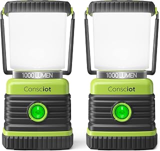 Consciot 1000LM LED Camping Lanterns (2-Pack) - Battery Powered, 4 Modes, Dimmable, IPX4 Waterproof for Emergencies, Hiking, Power Outages - Light Green