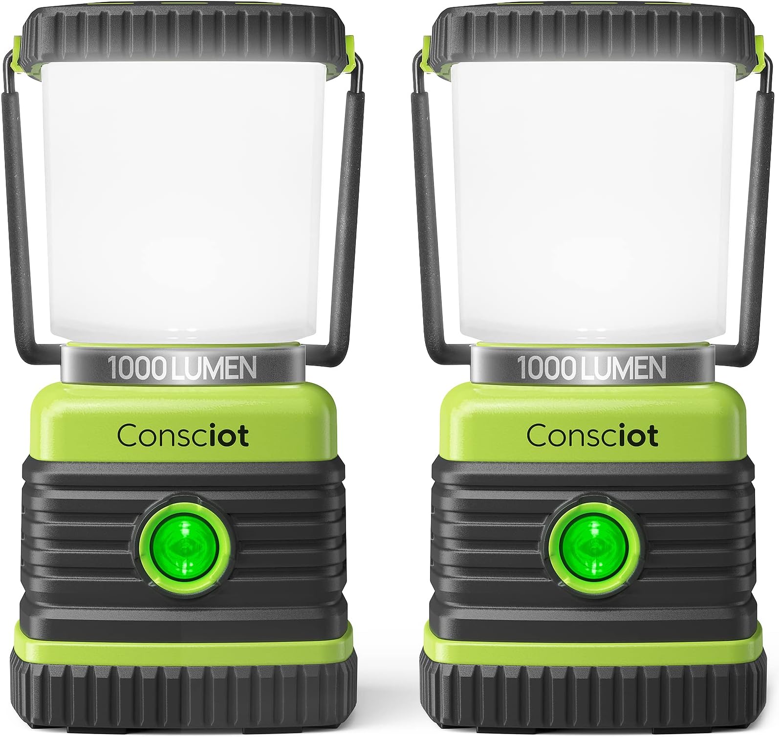 Consciot LED Battery Powered Camping Lantern, 1000LM, 4 Light Modes, IPX4 Waterproof Portable Tent Flashlight for Power Outages, Emergency, Hurricane, Hiking, Light Green, 2-Pack