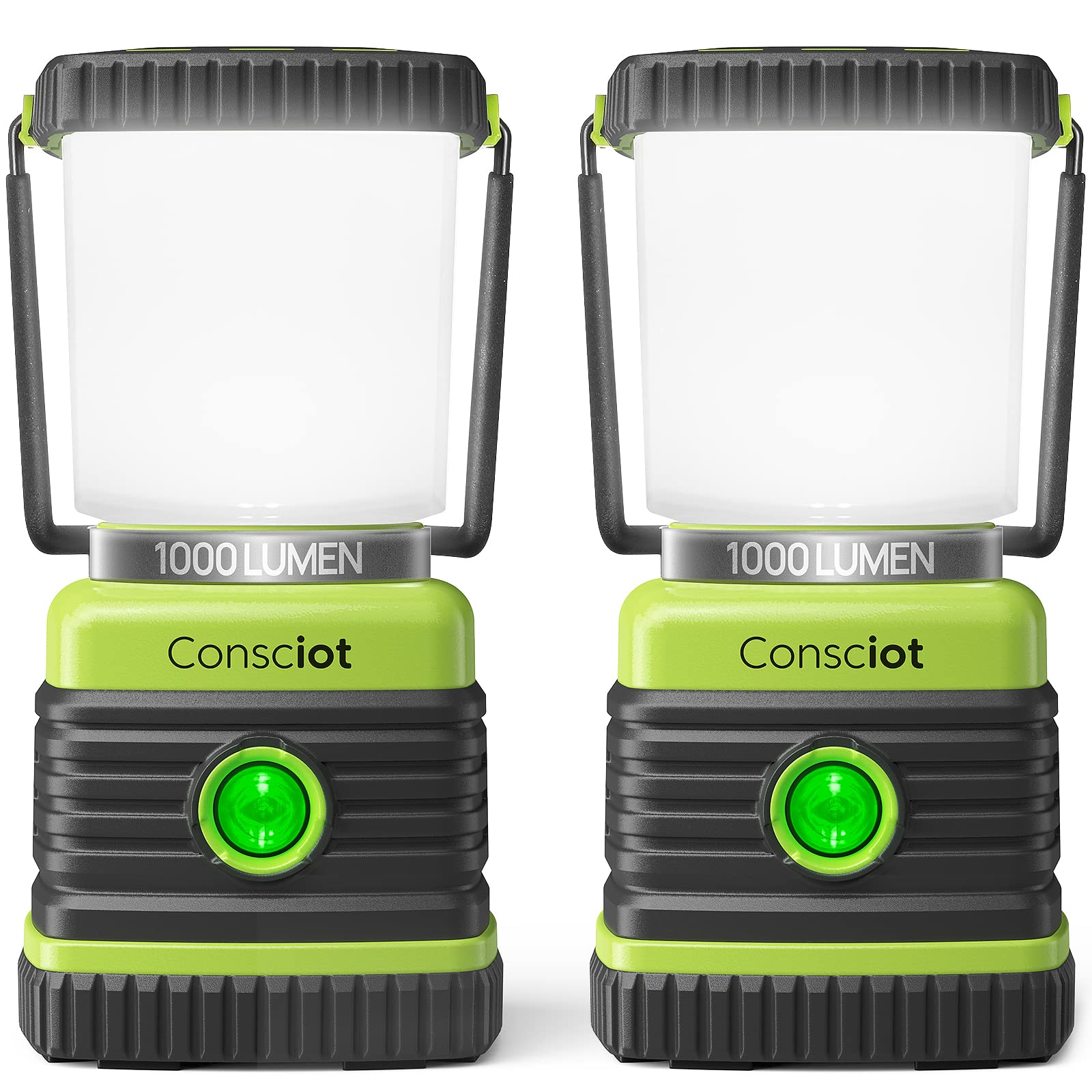 Consciot LED Battery Powered Camping Lantern, 1000LM, 4 Light Modes, IPX4 Waterproof Portable Tent Flashlight for Power Outages, Emergency, Hurricane, Hiking, Light Green, 2-PackClimatePartner certified