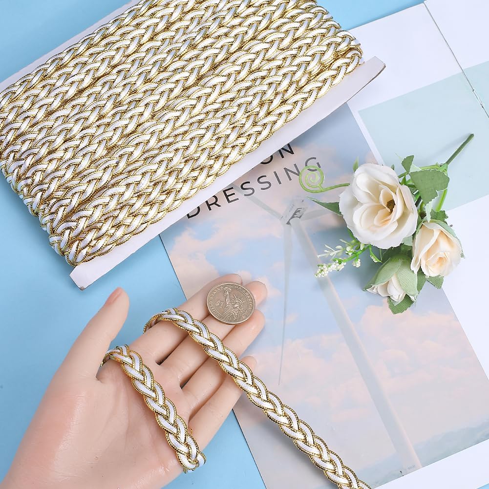 GORGECRAFT 20 Yards Gold Braid Trim 1.2cm Wide Twist Braided Woven Webbing Lace Chain Ribbon Metallic Decorative Applique Scroll Wave Edge Trimmings for Sewing Crafts Garments Gift Wrapping White