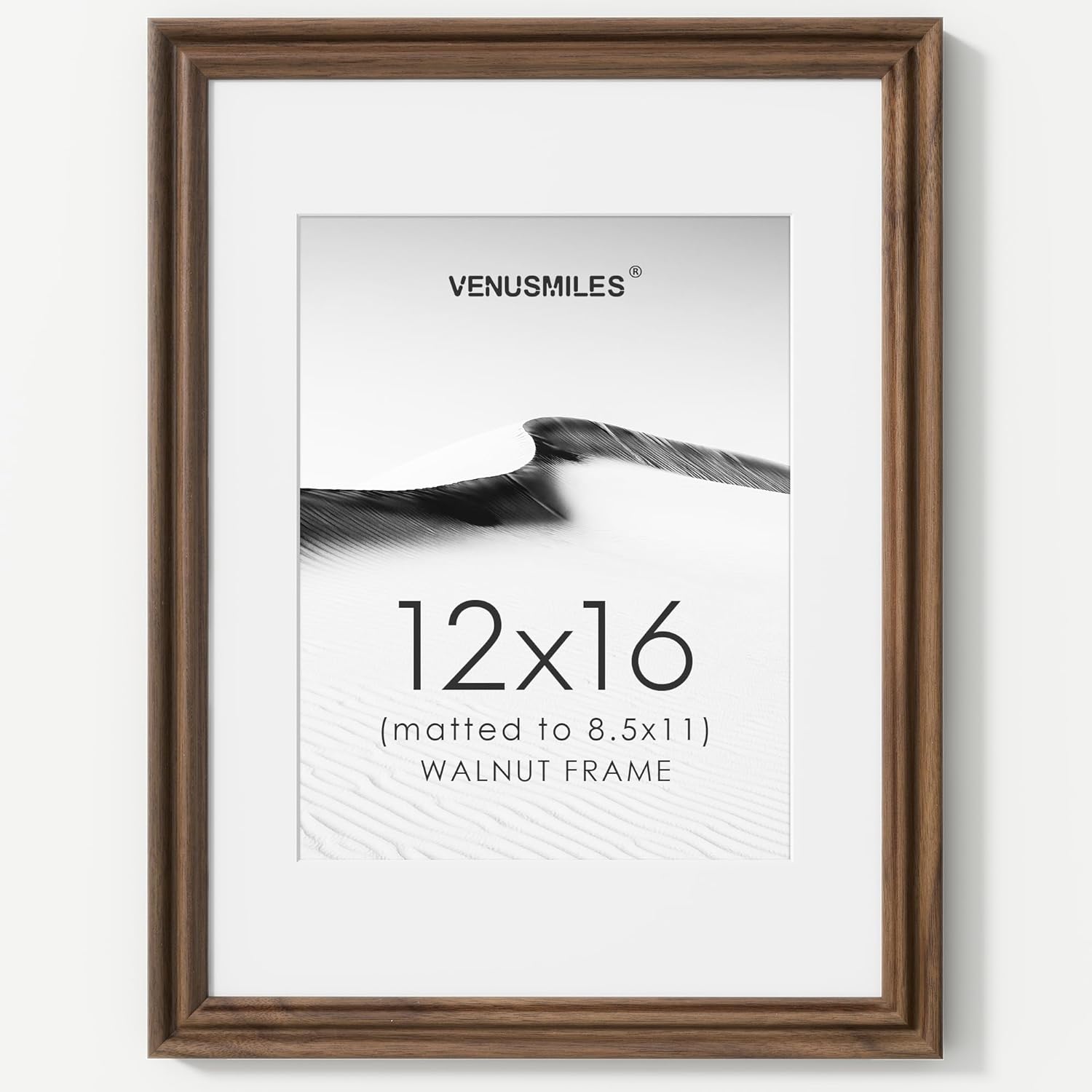 12x16 Picture Frame with Mat Adaptable Display Size for 8.5x11, Natural Black Walnut Wood Frame, HD Tempered Glass, Mortise and Tenon Nail Free Joint, Horizontally & Vertically Wall Display