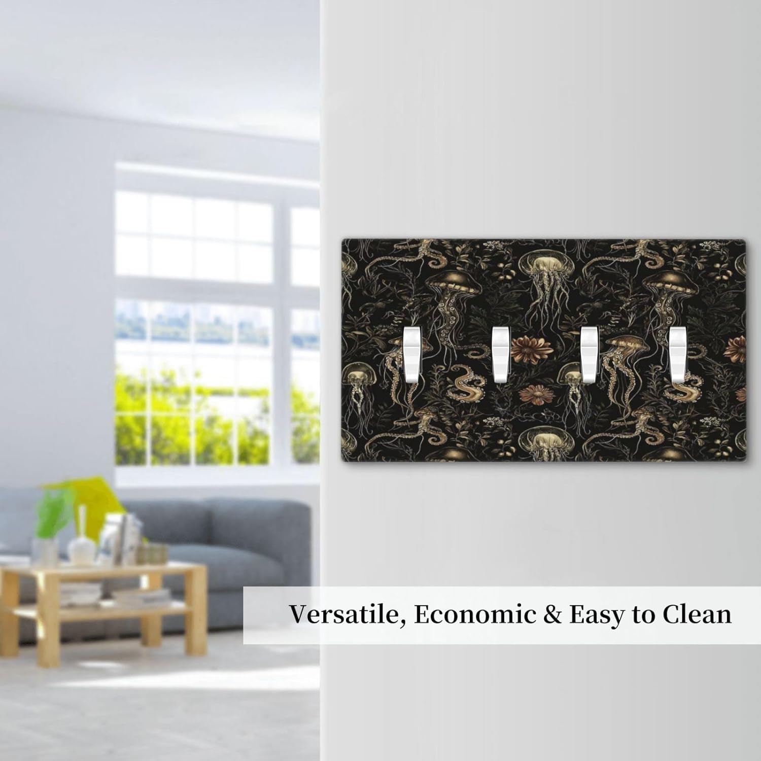 Decorative Switch Plate Covers Black Gold Jellyfish Squid Deep Sea Creatures 4 Gang Light Switch Cover Plate Quad Toggle Wall Plate Outlet Covers for Bedroom Home Decor