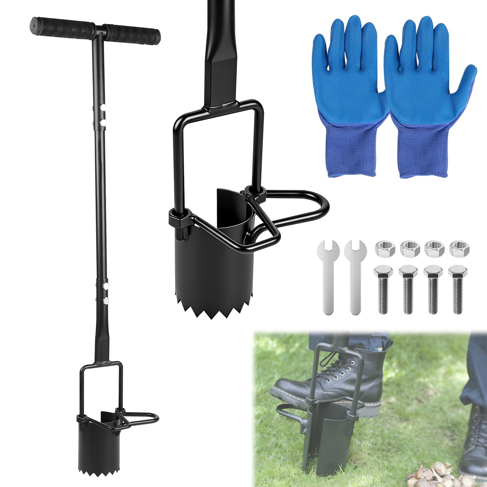EXLECO Sadzarka do cebulek kwiatowych z uchwytem o długości 94 cm Glove, sadzarka do cebulek z podnóżkiem i krawędzią zębatą, narzędzie do sadzenia cebulek kwiatowych, pomoc w sadzeniu tulipanów