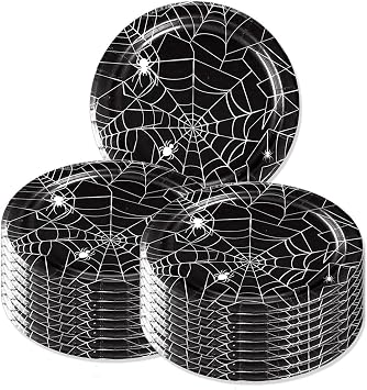 لوحات هالوين لوحات العنكبوت ورقة الويب لوازم الحزب، Spiderweb هالوين المتاح ورقة أواني الطعام الزينة، أدوات المائدة مخيفة الأسود، حزمة من 24