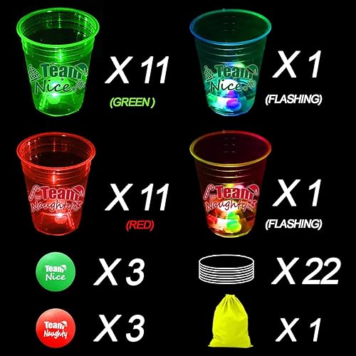 Miniatura 3 de Juego de 22 tazas de pong luminosas de Navidad para fiesta de Navidad con 6 bolas temáticas de Navidad, fiestas en casa de Navidad (rojo, verde y